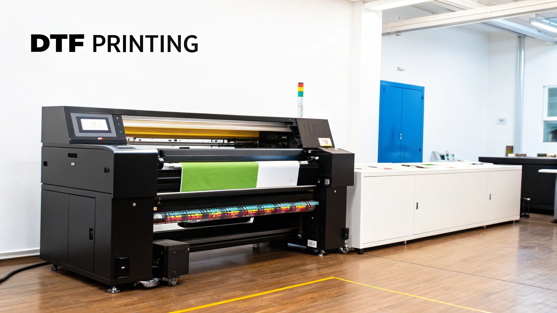 A DTF printing machine in action, showing a design being printed onto a film roll
