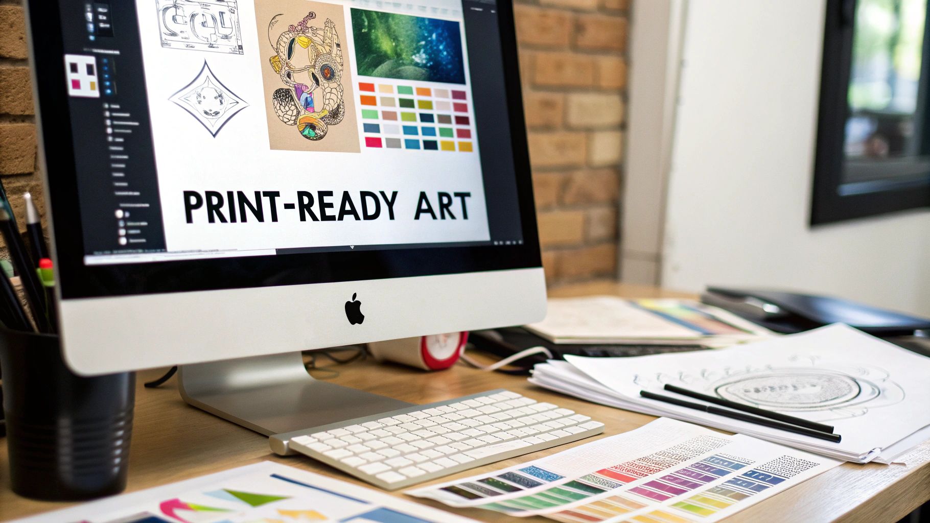 A designer on a computer screen preparing a colourful graphic for DTF printing.