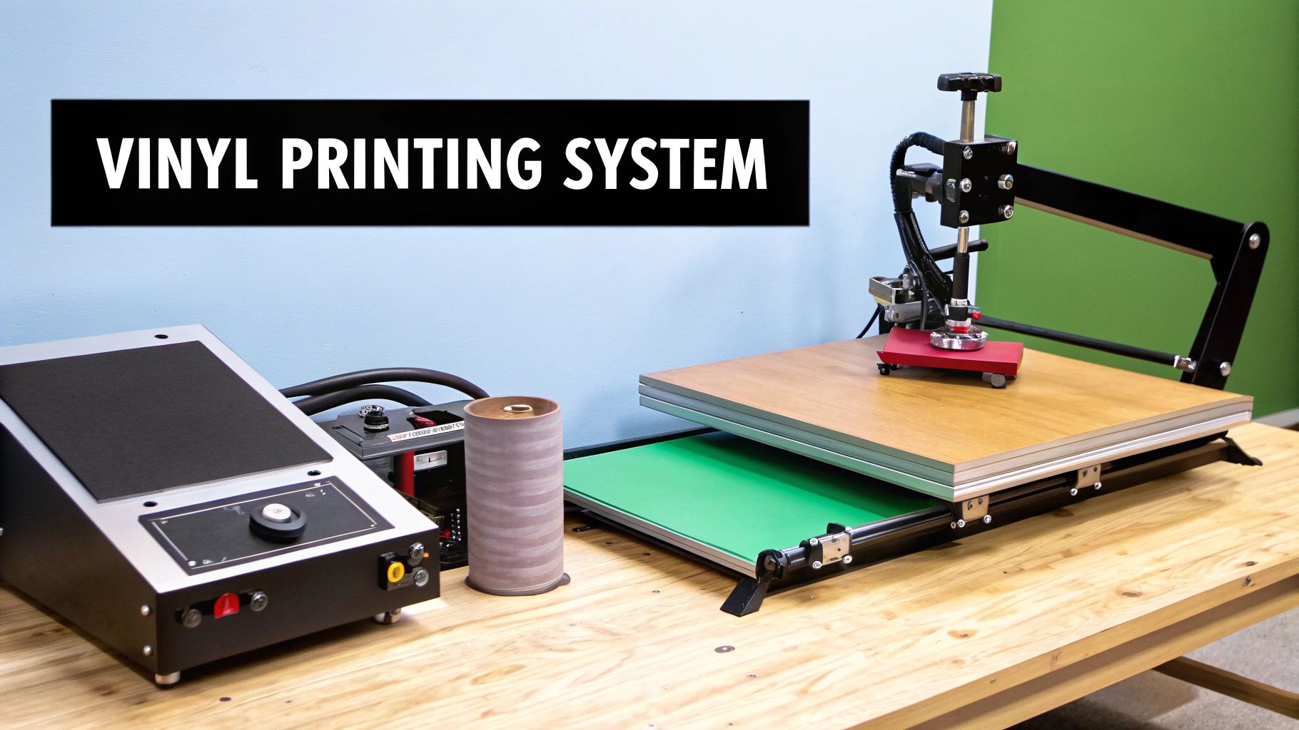 A vinyl cutter machine actively cutting a red vinyl sheet for a t-shirt design.