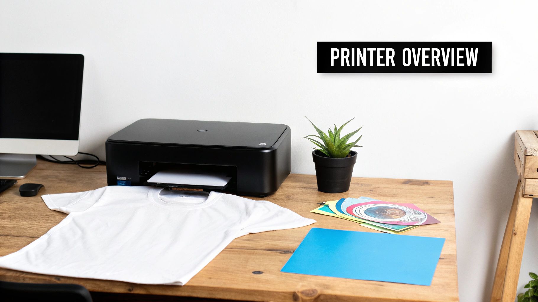 A person operating a t-shirt transfer printer, showing the film being fed into the machine.