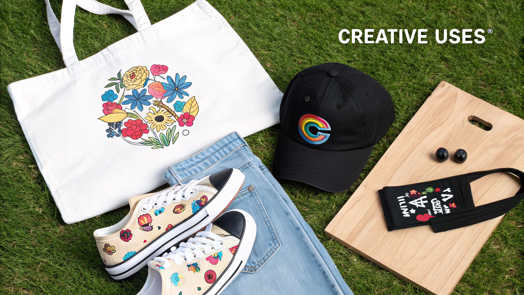 A collection of colourful custom DTF prints on t-shirts and hoodies, showcasing different designs.