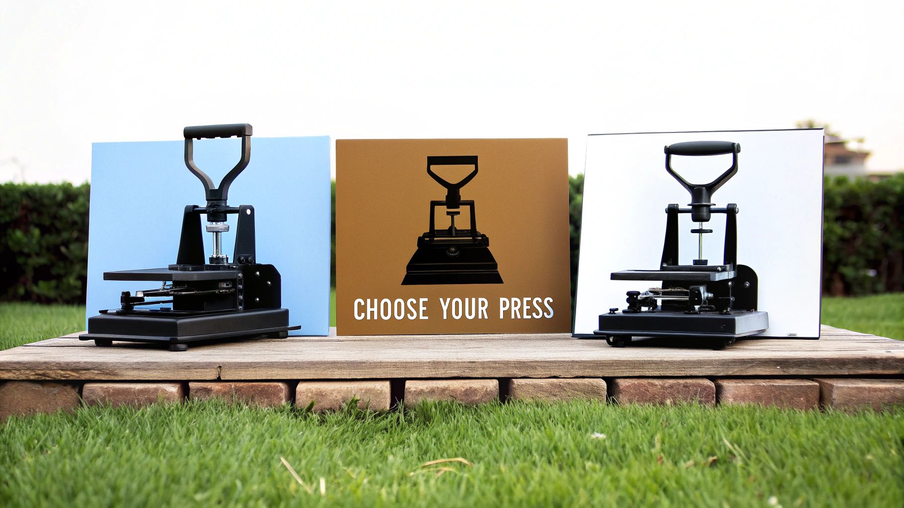 Two black heat press machines flank a 'Choose Your Press' sign on a wooden platform outdoors.
