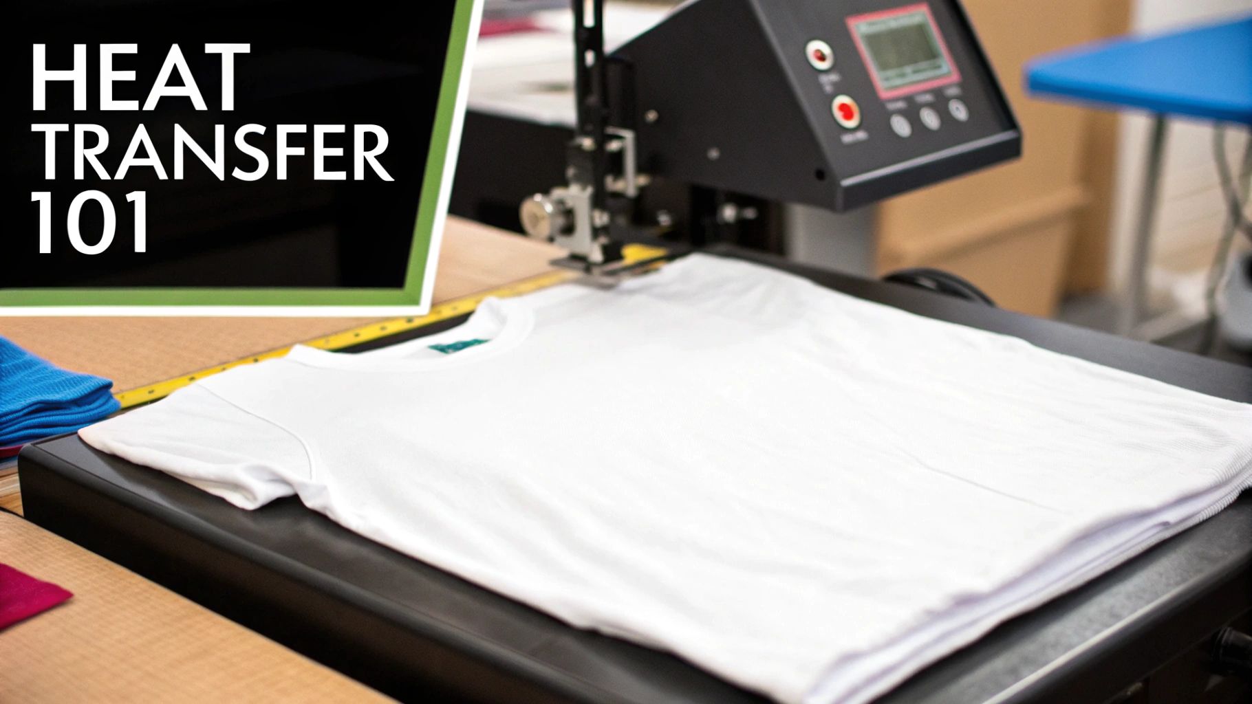 A heat press machine applying a design to a white t-shirt.