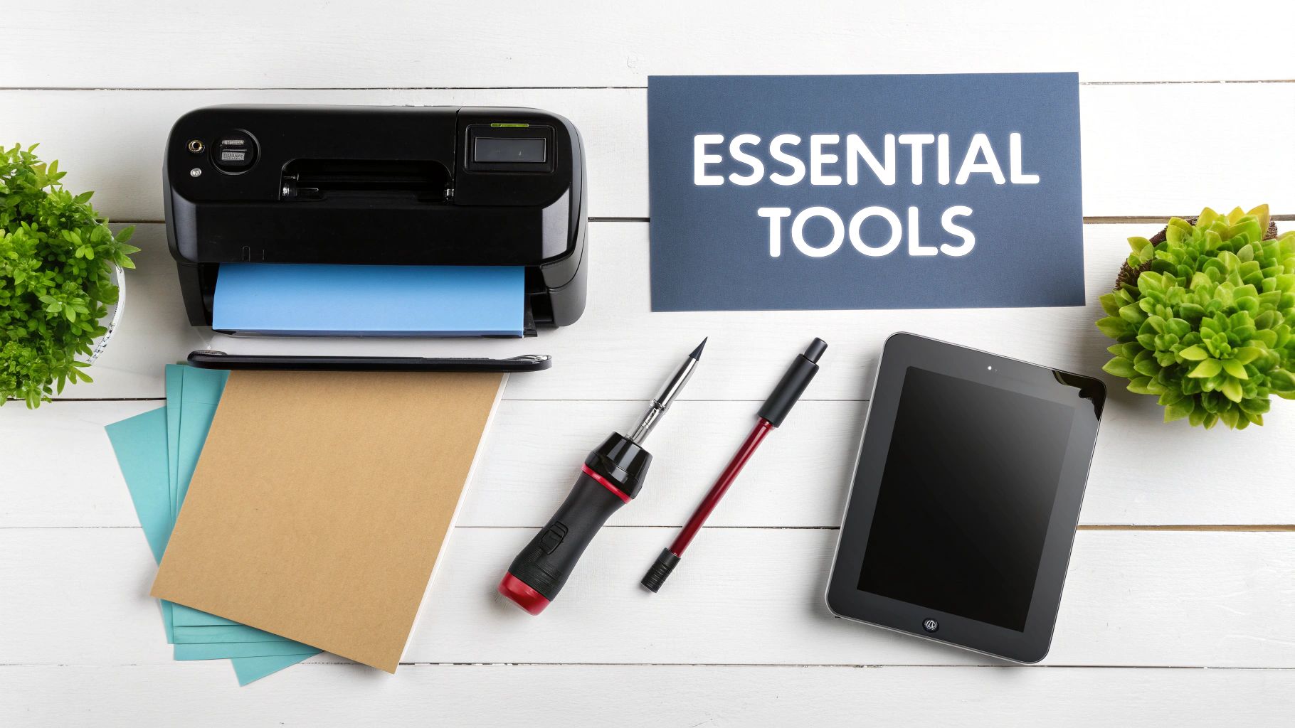 A set of transfer printing tools including a heat press, transfer paper, and a t-shirt.