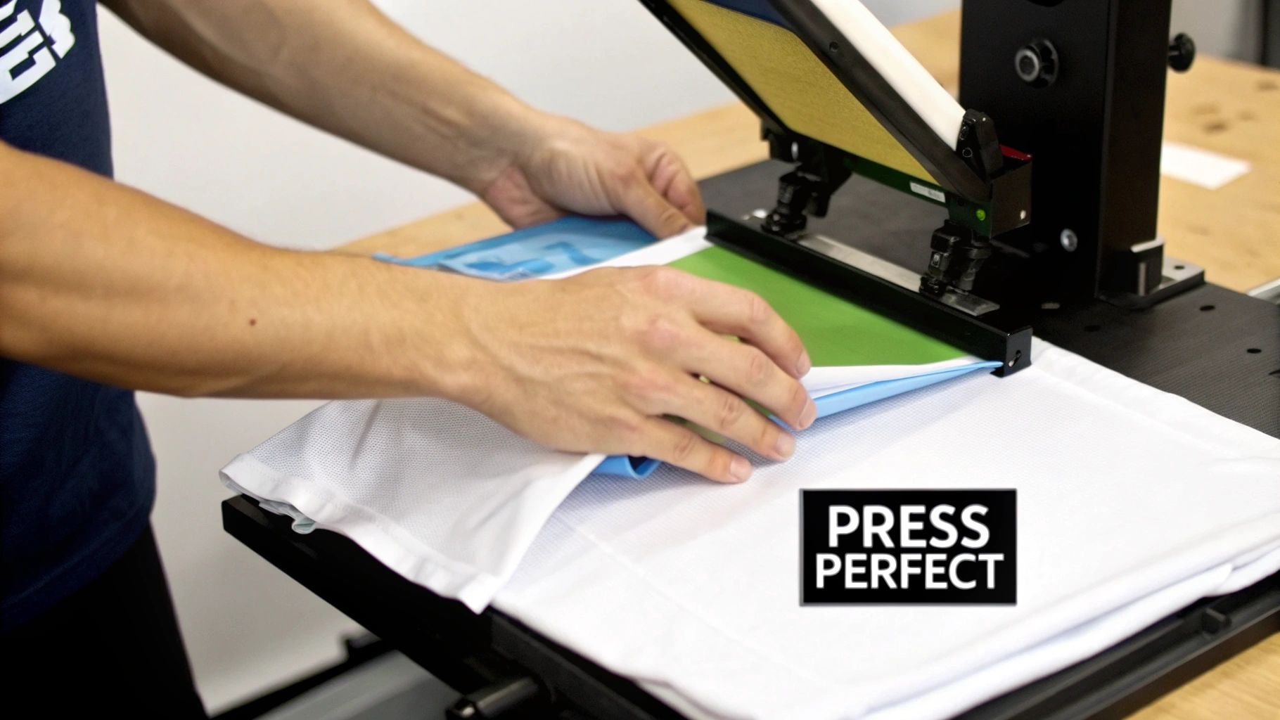 Close-up of hands adjusting a white t-shirt on a heat press machine for garment printing.