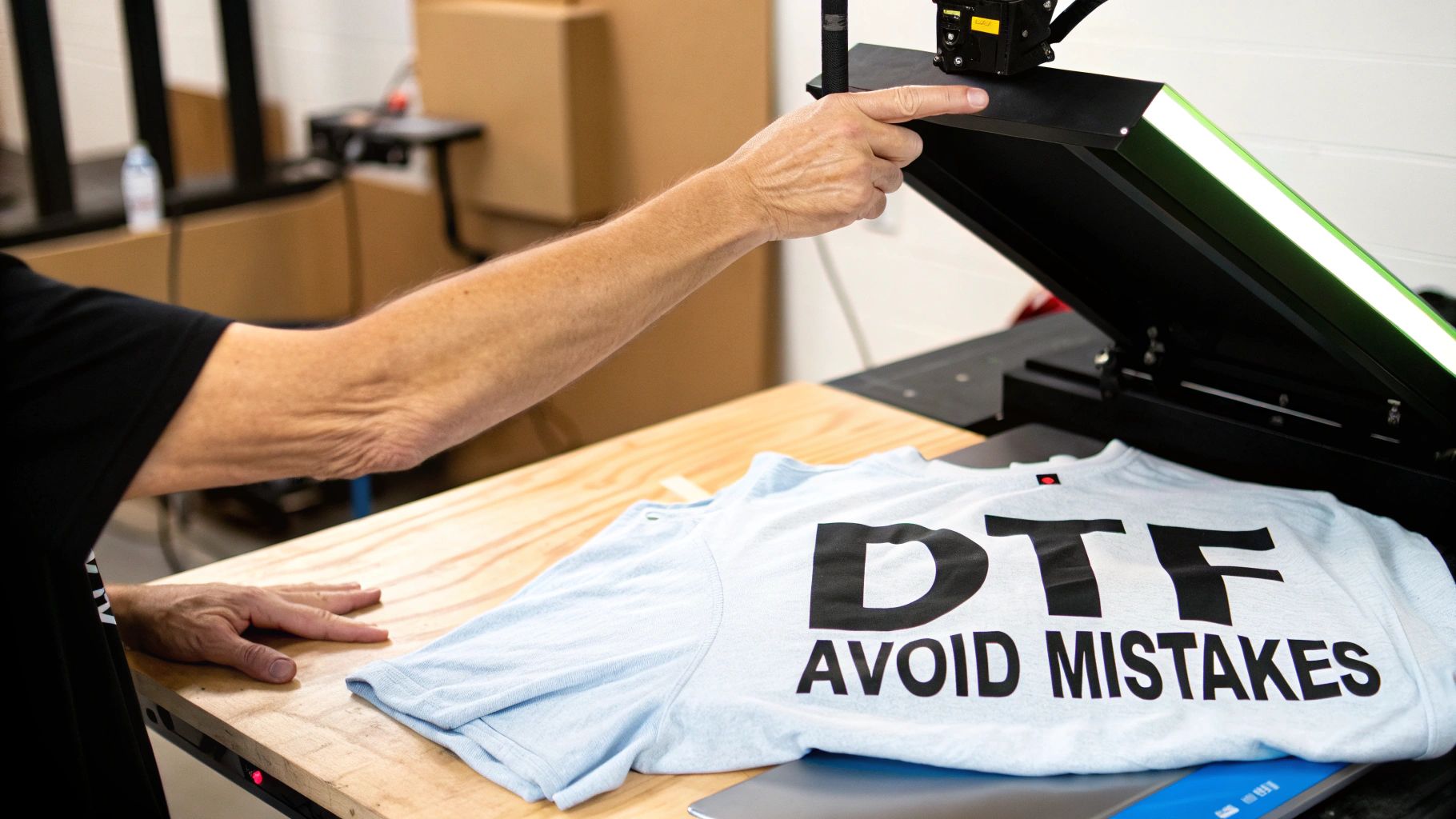 A person carefully peeling a DTF transfer film from a black t-shirt after pressing.