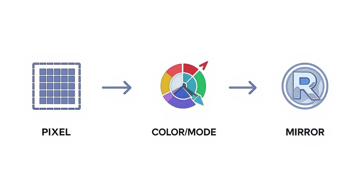 Infographic showing the design prep process for transfer paper printing, with icons for Resolution, Color Mode, and Mirroring the image.