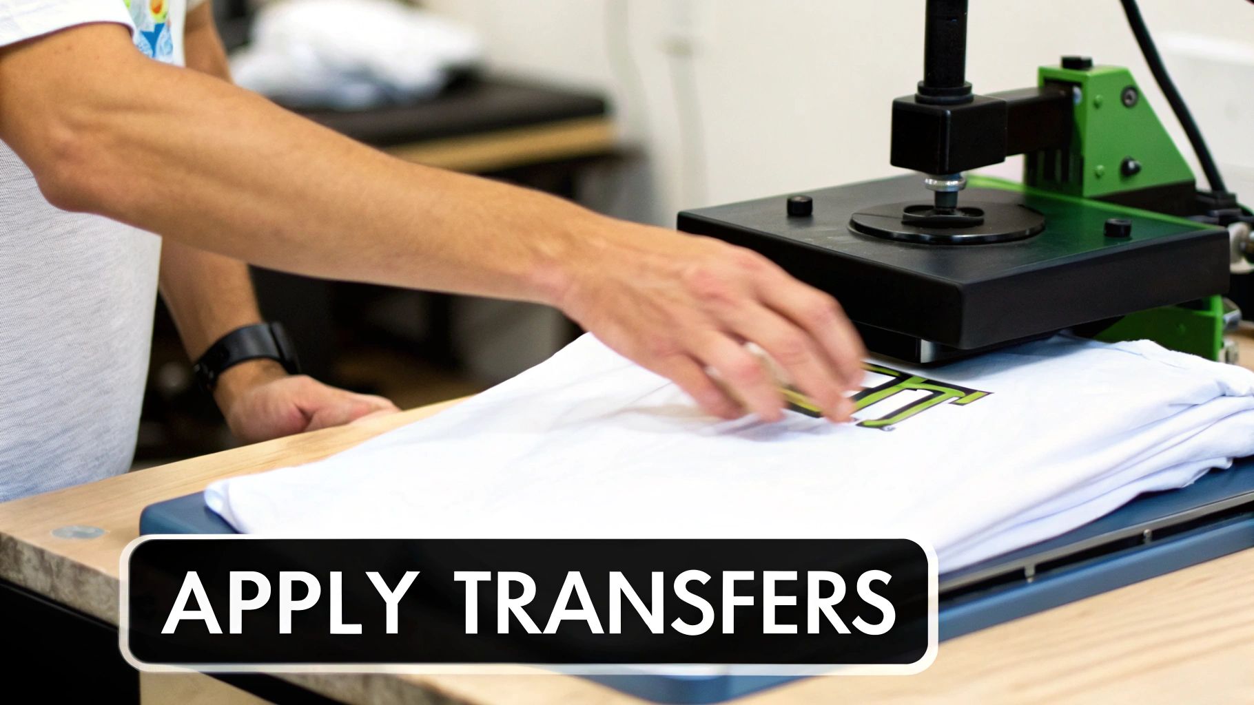 Person applying heat transfer design onto white t-shirt using green heat press machine