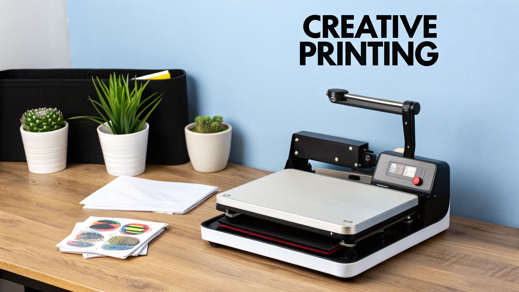 A person using a UK heat press machine to apply a design onto a t-shirt in a clean workshop.