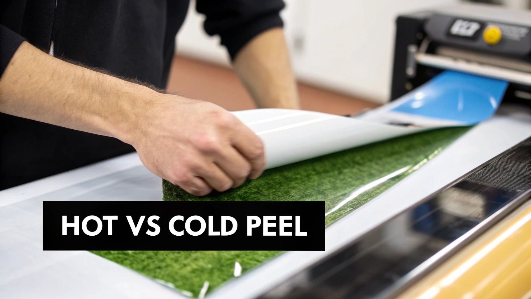 A DTF transfer film being peeled away from a black t-shirt after being heat pressed, revealing a colourful design underneath.