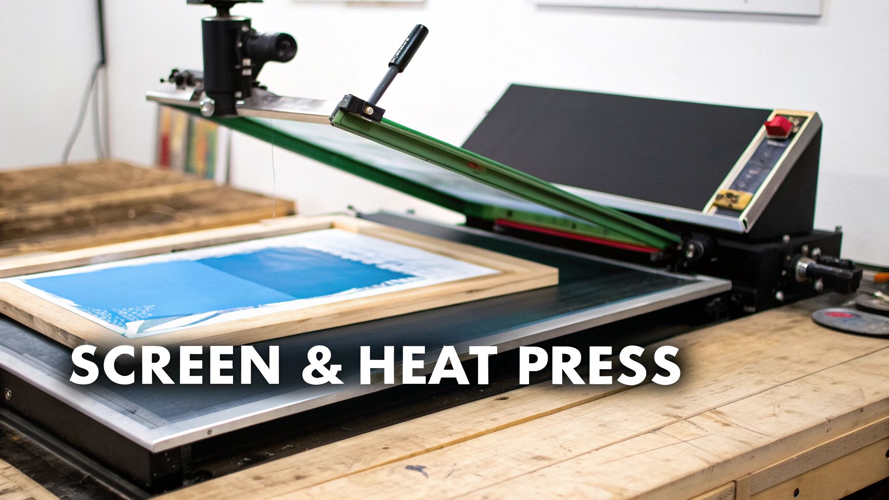 A screen printing press with yellow ink ready for application onto a dark t-shirt.