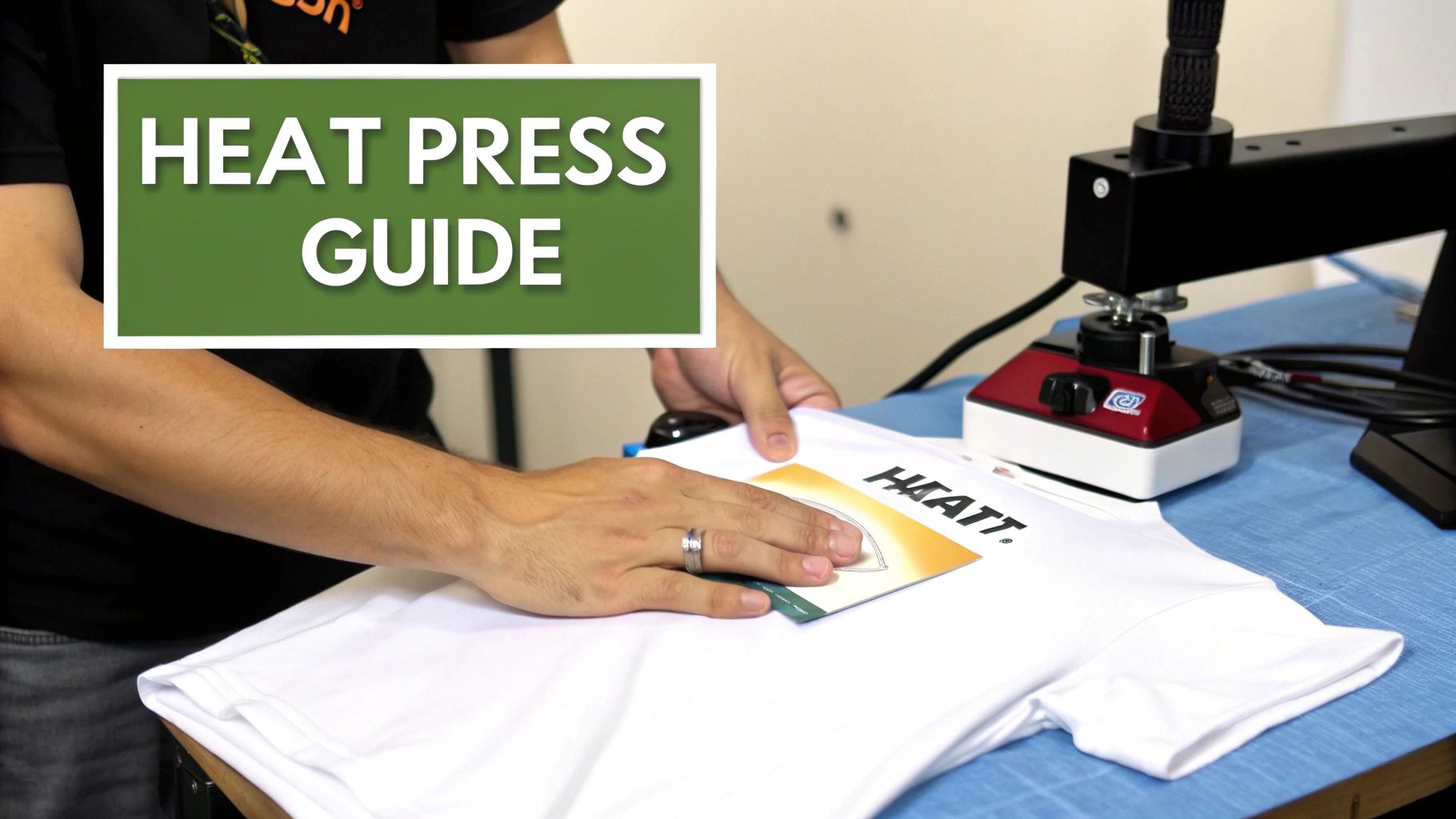A person using a heat press machine to apply a DTF transfer onto a black t-shirt.