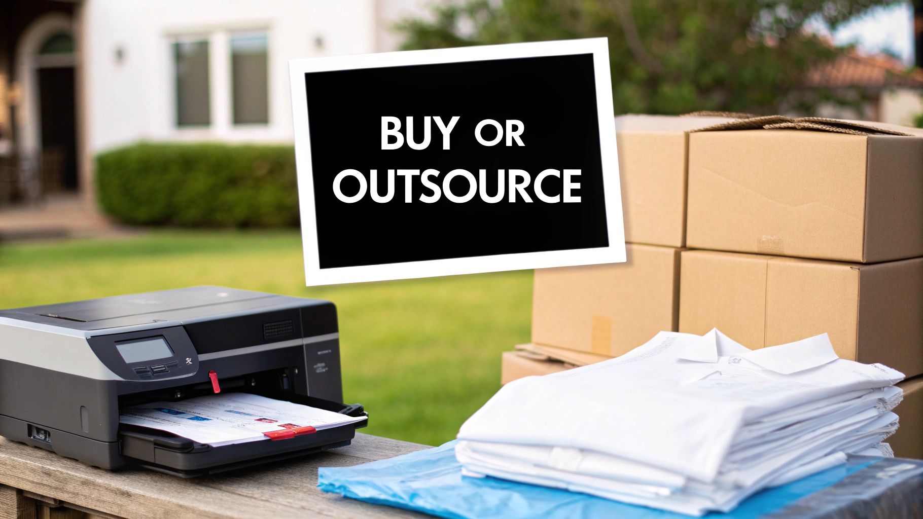 A person choosing between buying a DTF printer and outsourcing transfers, with icons representing each choice.