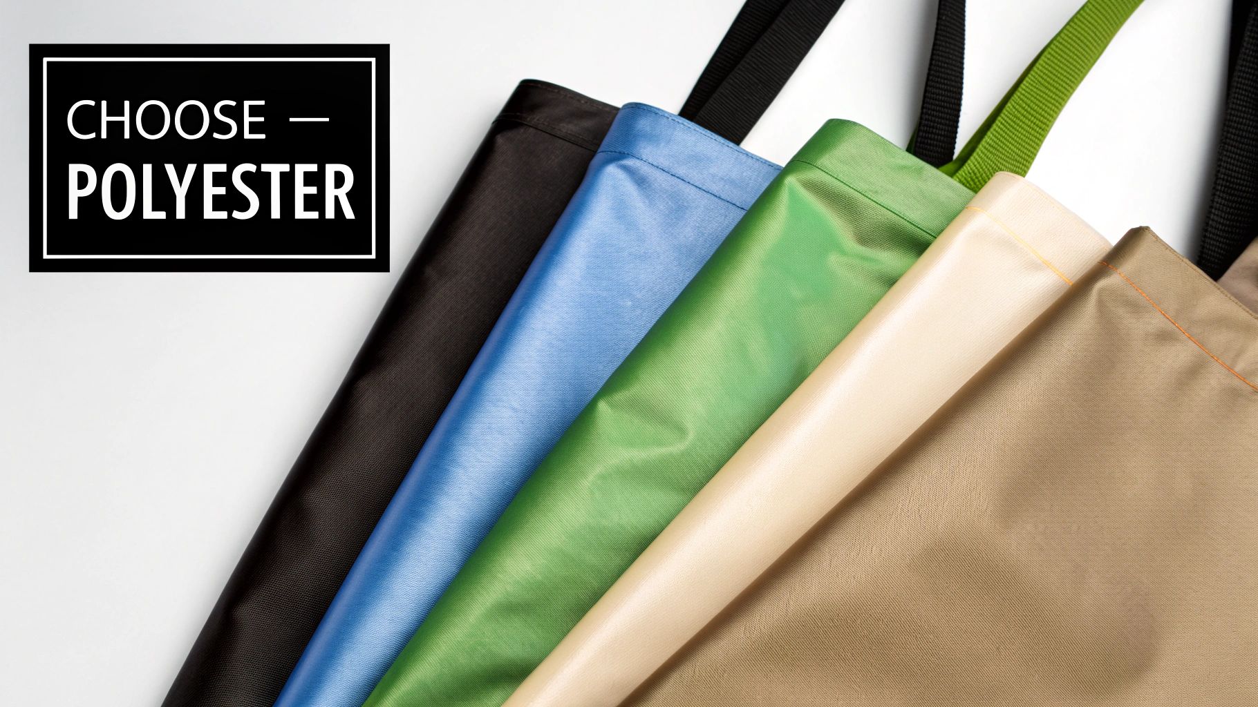 Colorful polyester fabric rolls in black, blue, green, beige, and khaki, with 'CHOOSE — POLYESTER' text.