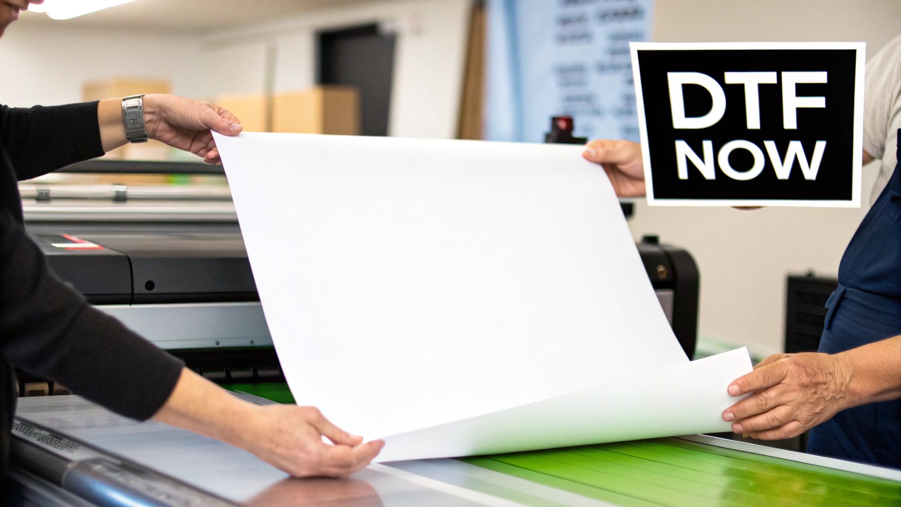 A person using a heat press machine on a t-shirt in a well-lit workshop.