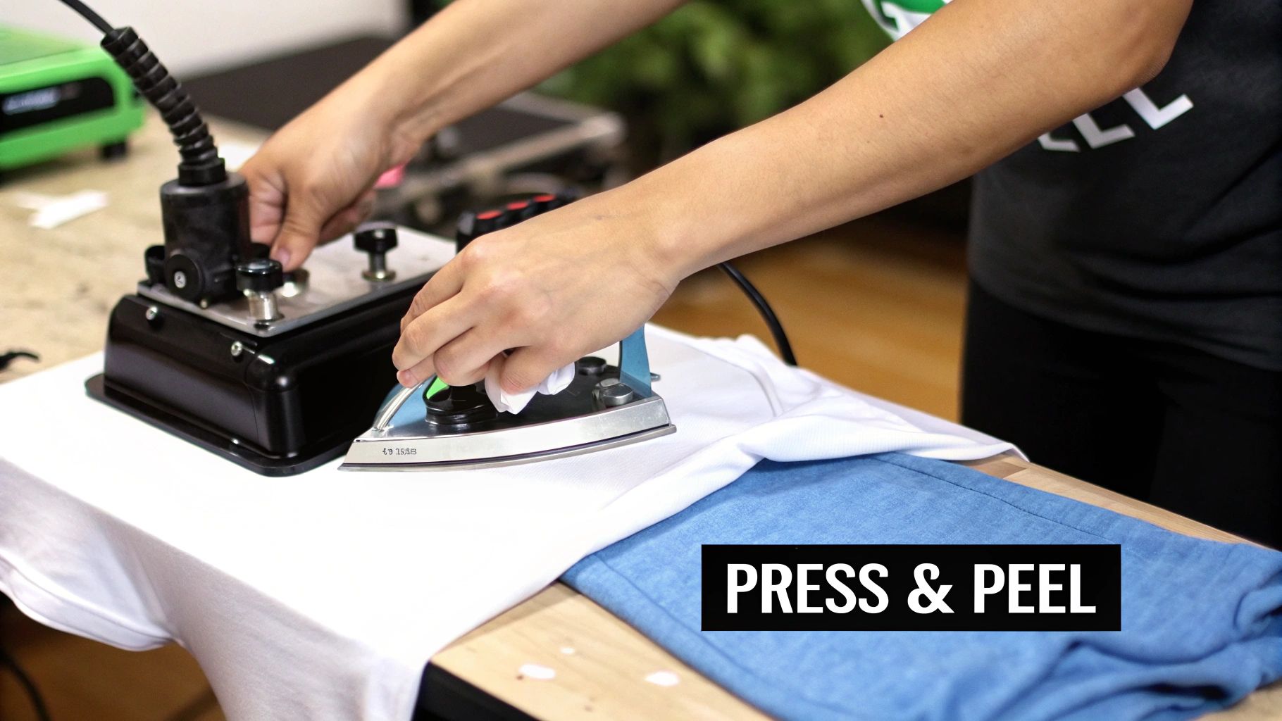 A person using a heat press to transfer a design onto a white T-shirt.