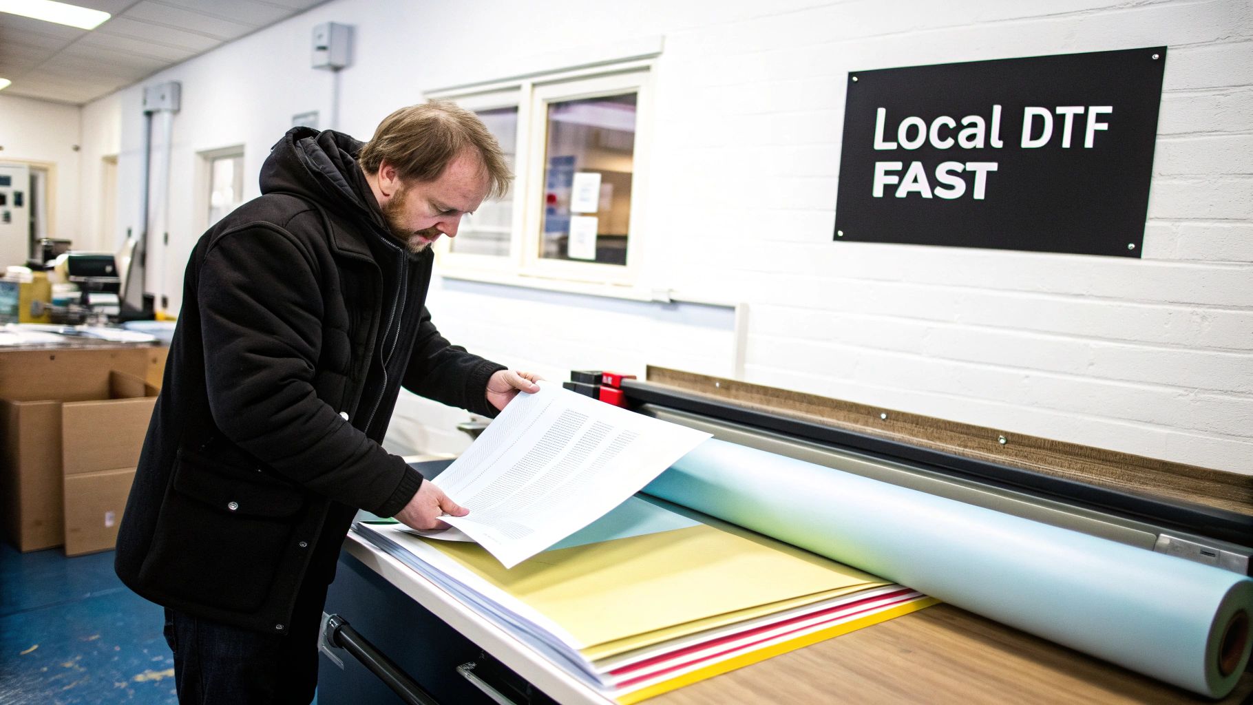 A close-up of a high-quality DTF transfer being applied to a dark-coloured t-shirt, showing vibrant colours and sharp details.