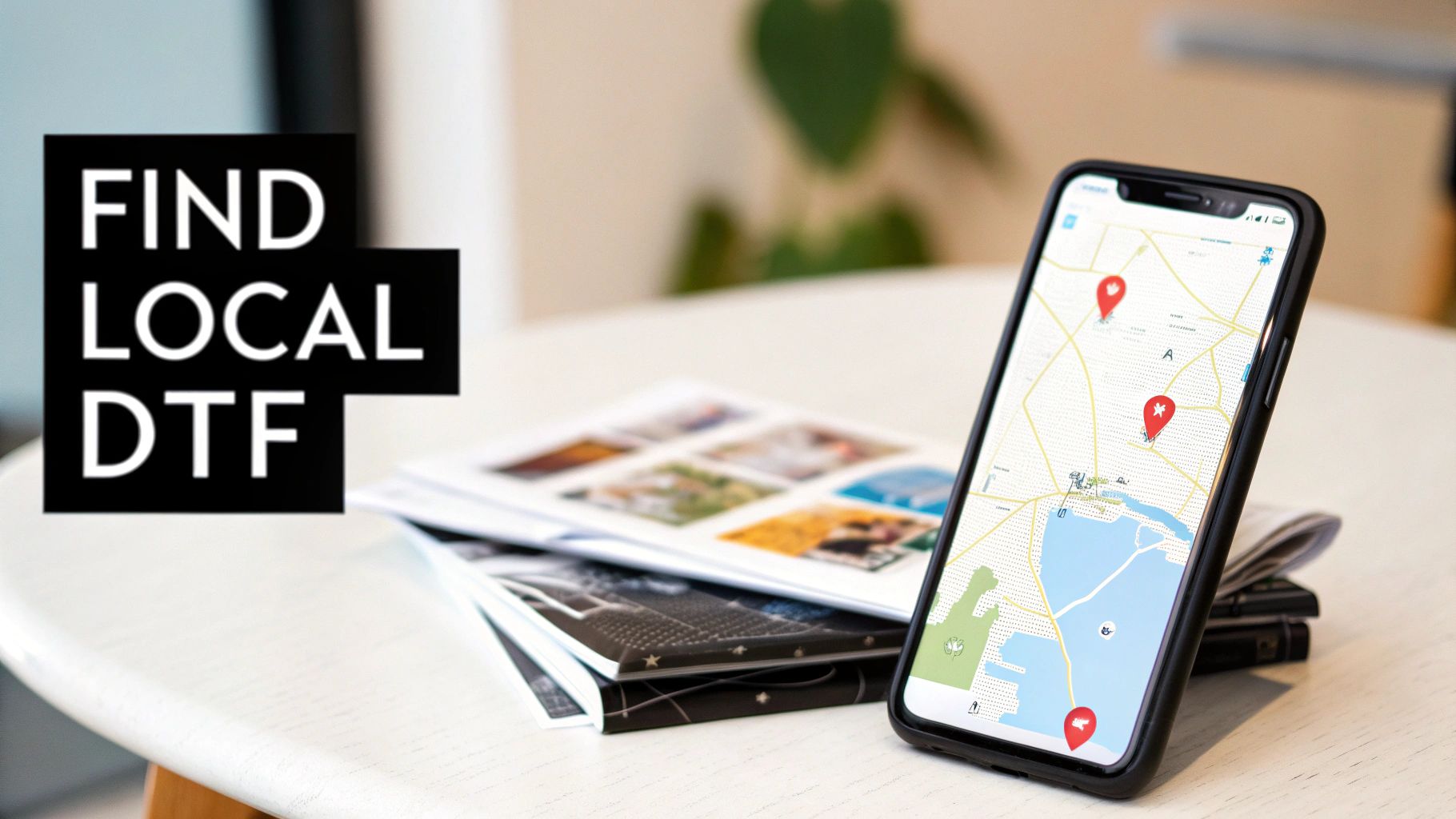 Smartphone displaying map with location pins next to stack of brochures for finding local DTF printing services