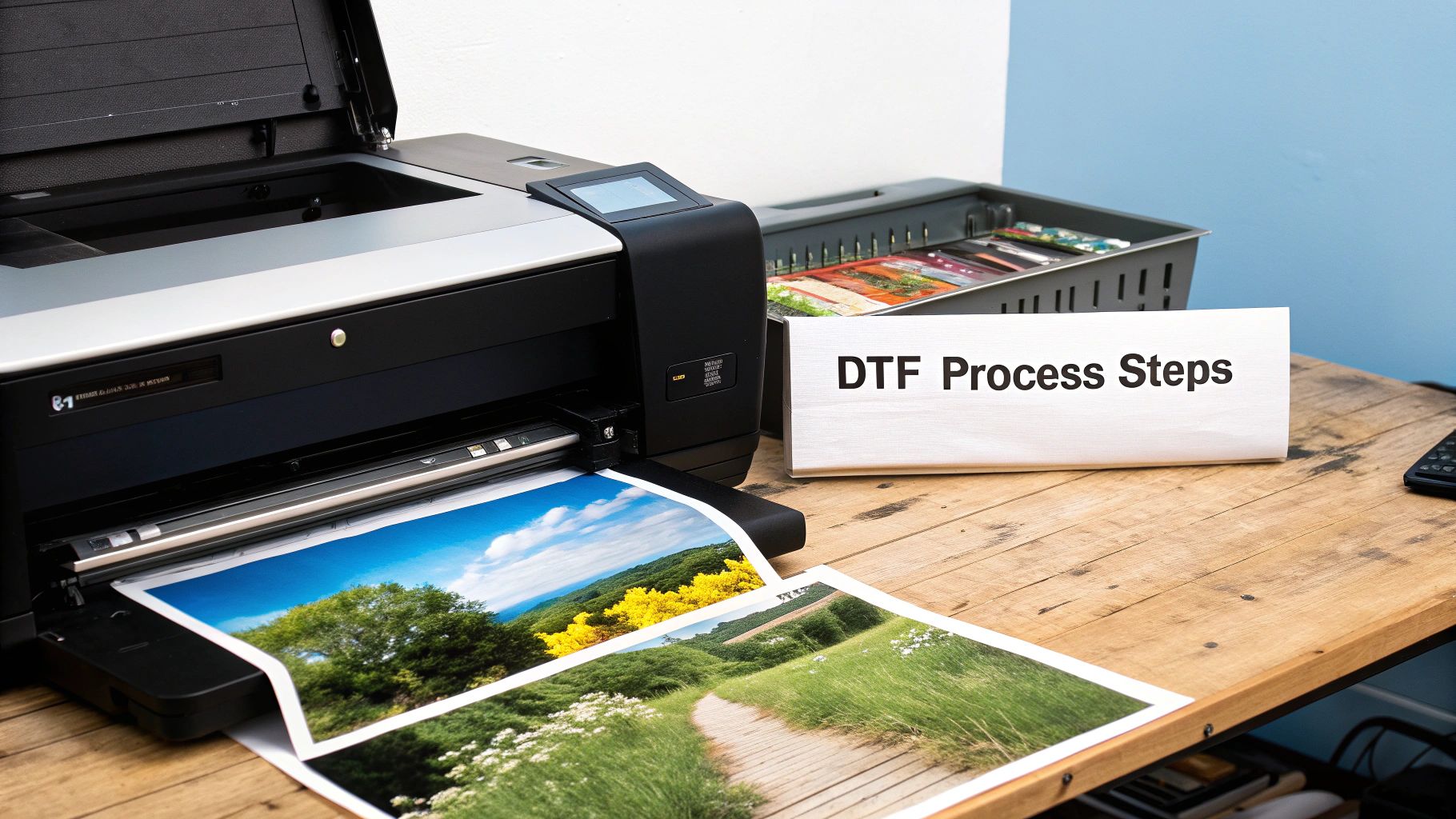 A DTF transfer being applied to a t-shirt with a heat press.