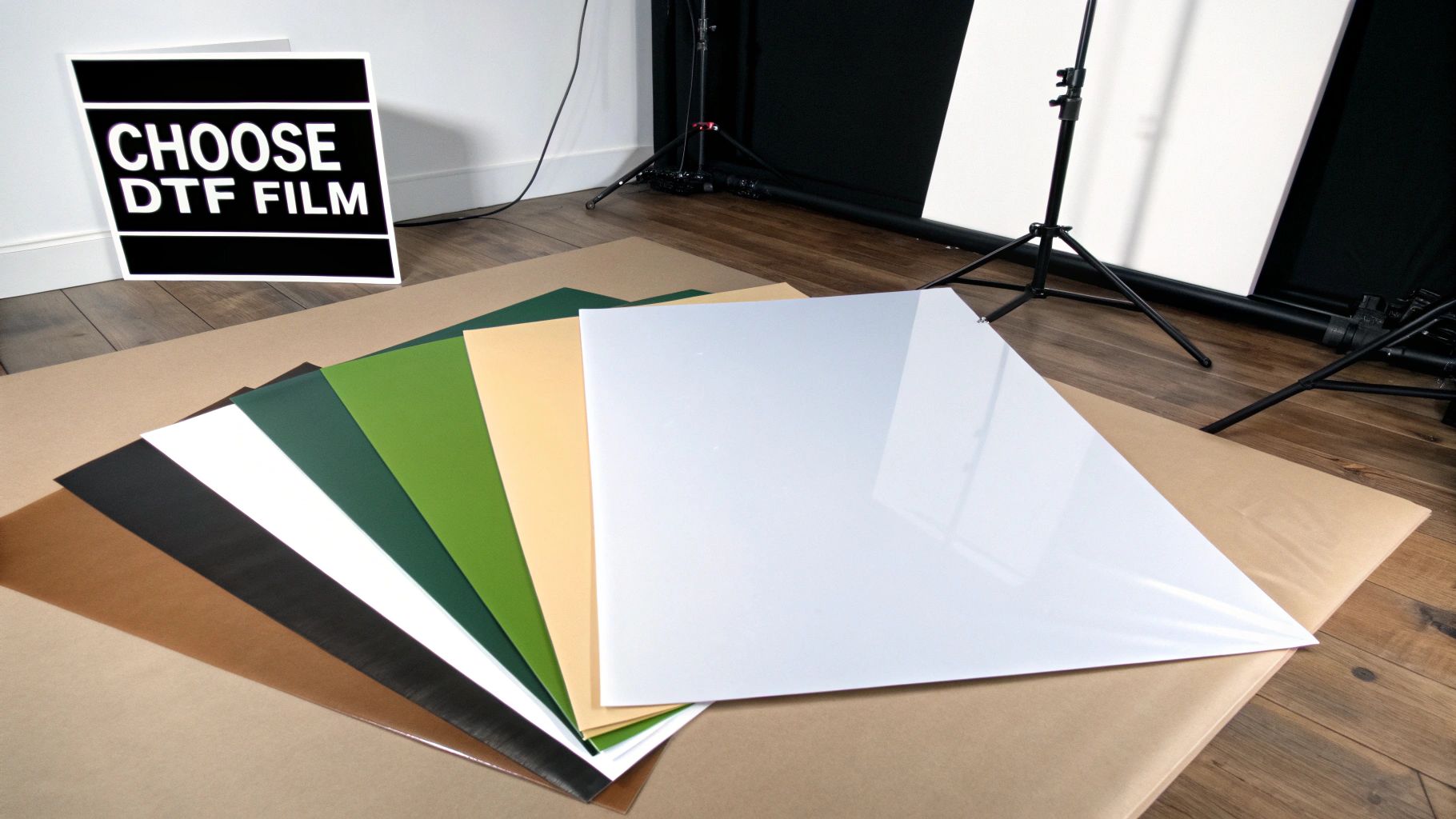 A 'CHOOSE DTF FILM' sign with a fan of various colored and clear DTF transfer film sheets.