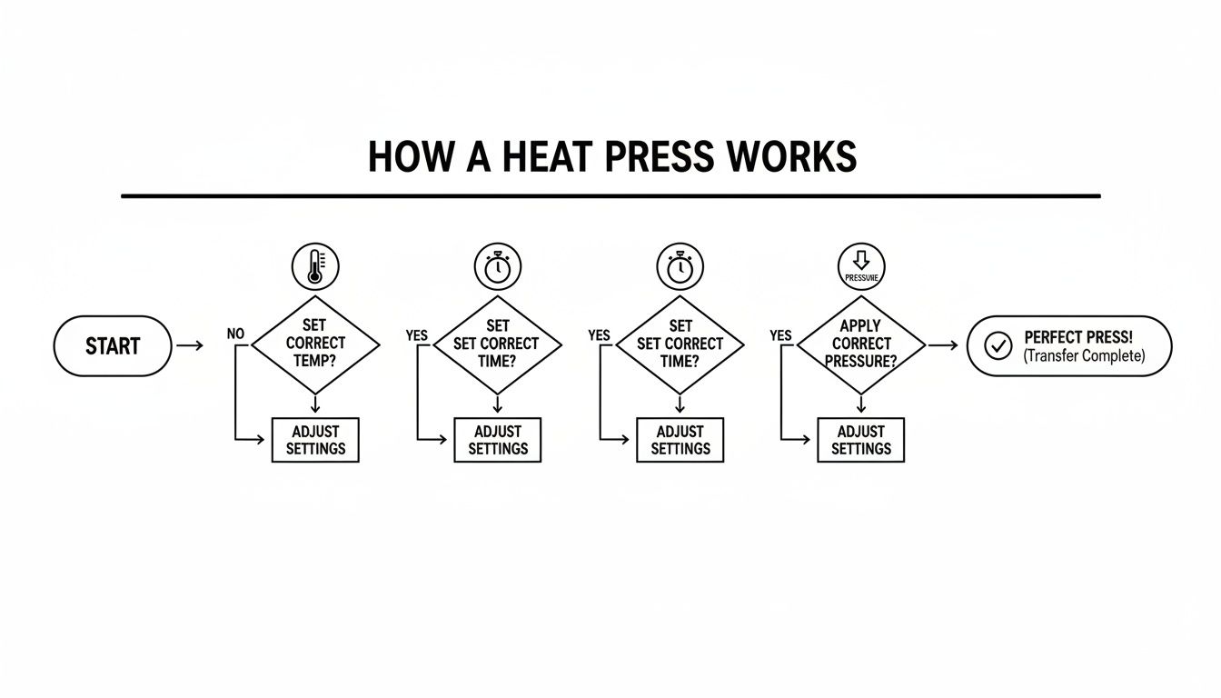 A flowchart detailing the steps to correctly operate a heat press machine, including setting temperature, time, and pressure.