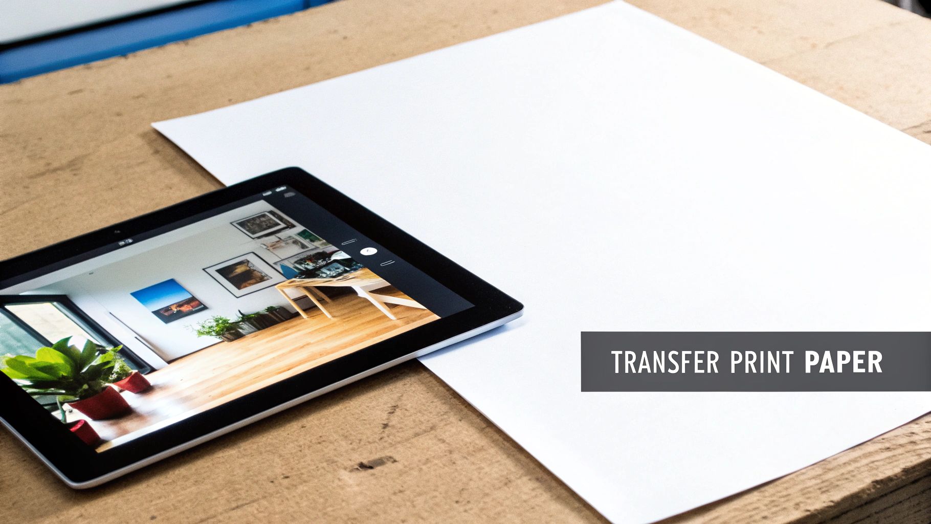 A close-up of different types of transfer print paper sheets ready for use.