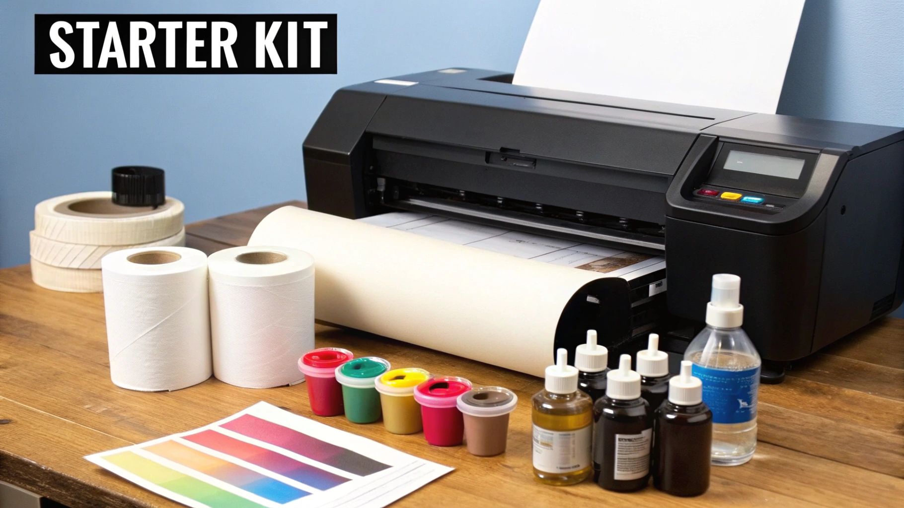 A collection of sublimation printing supplies including a printer, heat press, and rolls of paper.