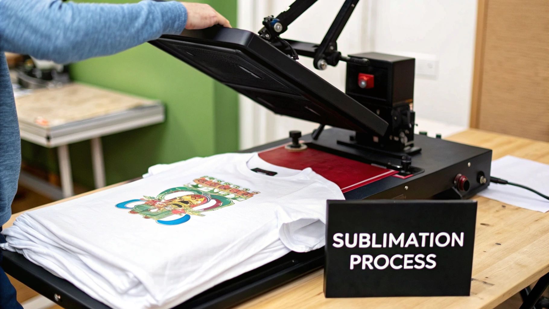 A heat press applying a design to a white t-shirt.
