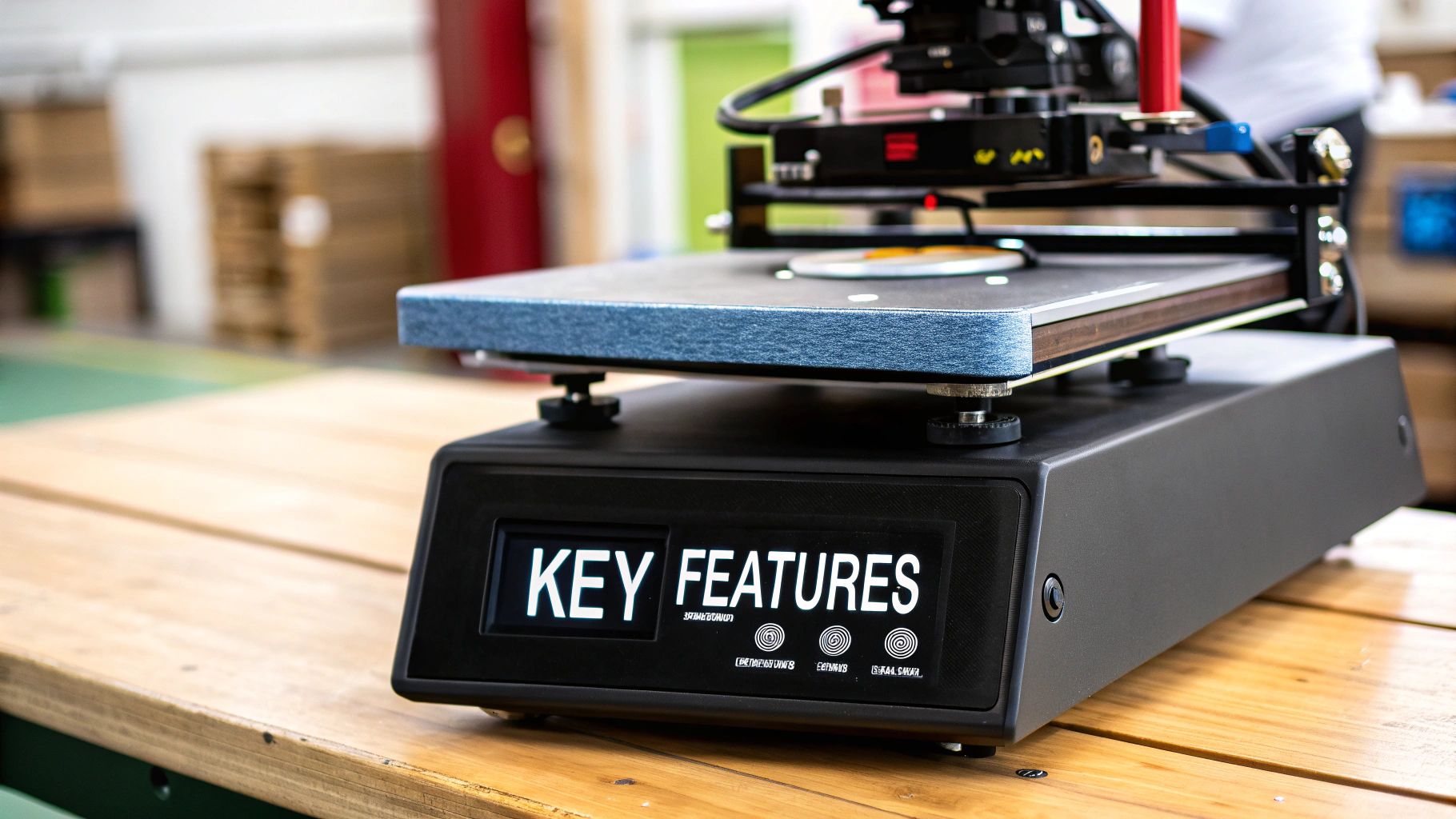 A detailed view of the digital control panel on a heat press machine