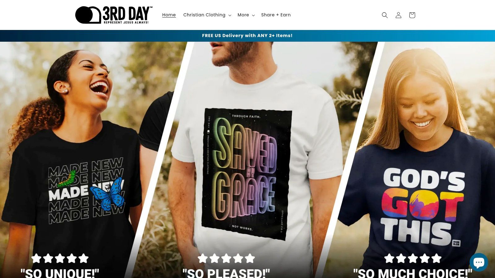 A screenshot of the 3rd Day website homepage, showing various Christian-themed t-shirts and hoodies.