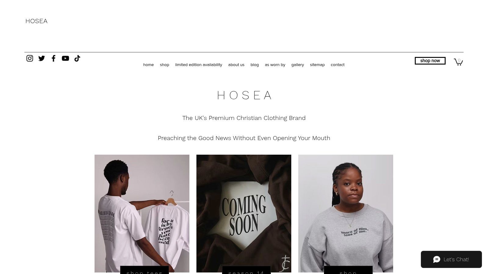 A screenshot of the Hosea Clothing website, showcasing a minimalist and fashion-forward design with a featured hoodie.