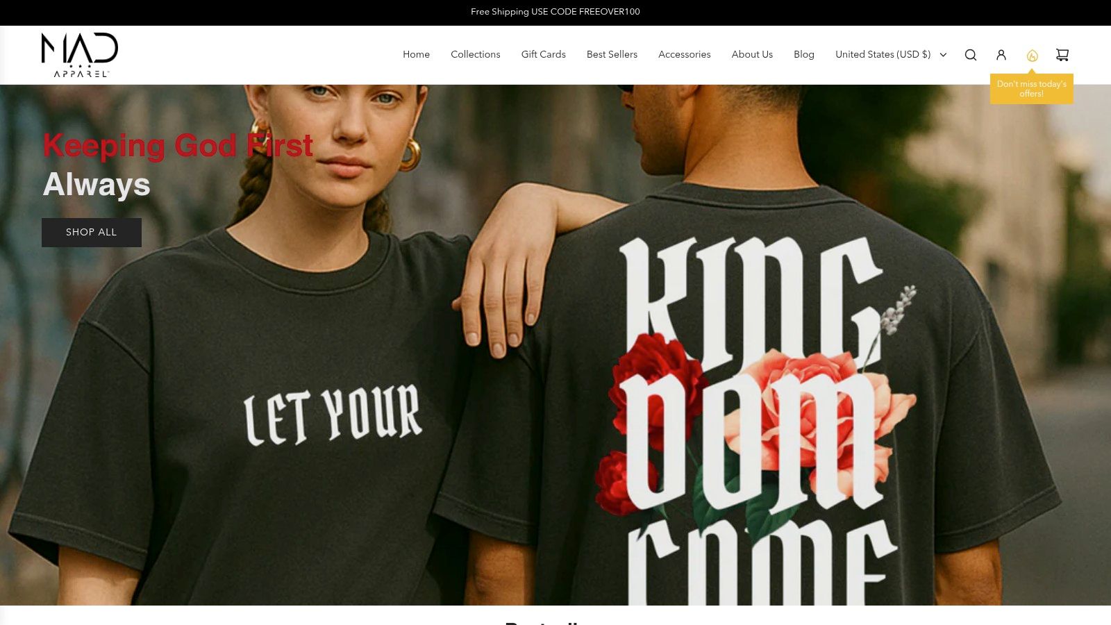 A screenshot of the MAD Apparel website homepage, displaying clean, modern Christian-themed streetwear.