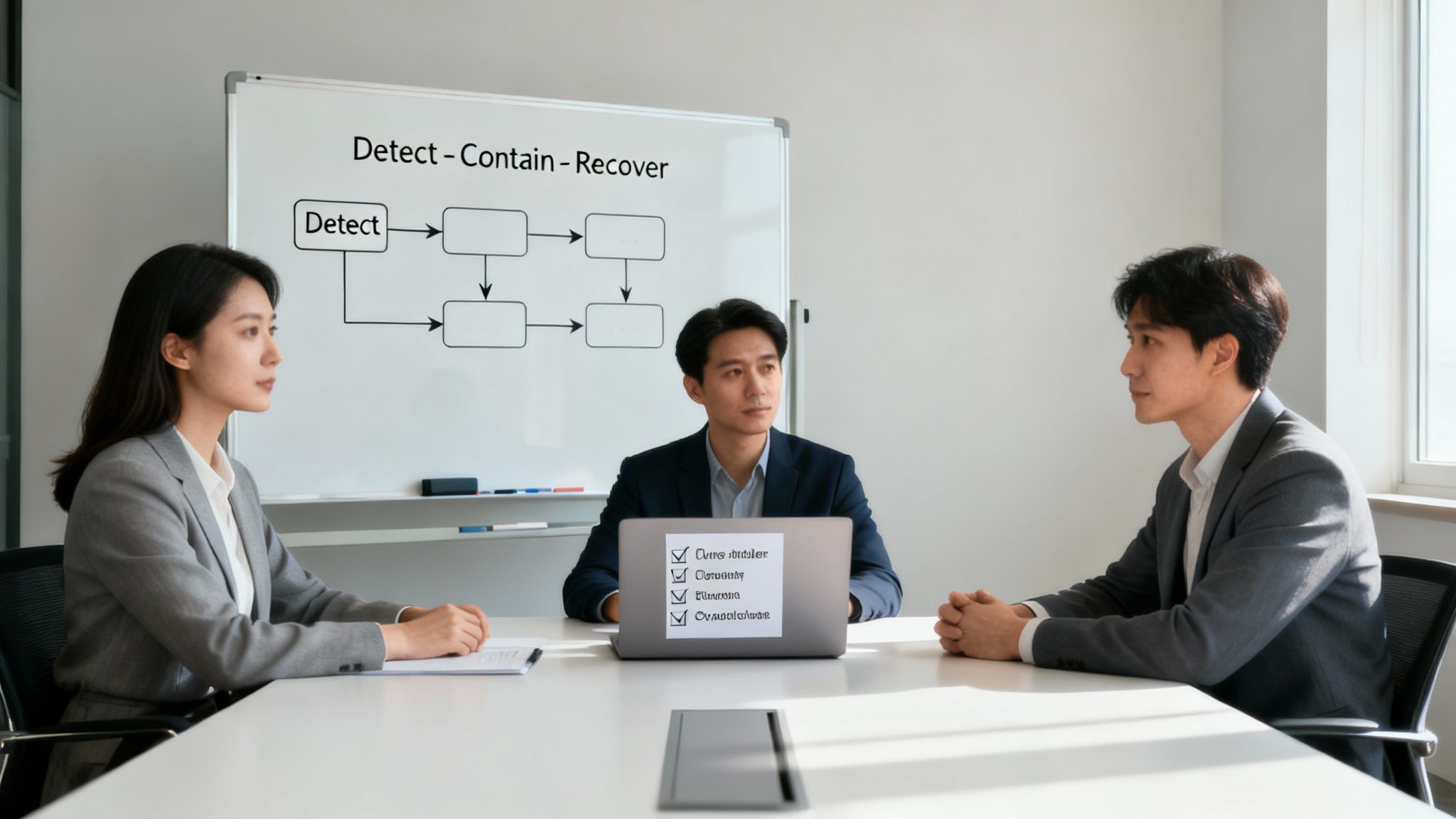 Three professionals discuss a 'Detect - Contain - Recover' security flowchart in a modern meeting room.