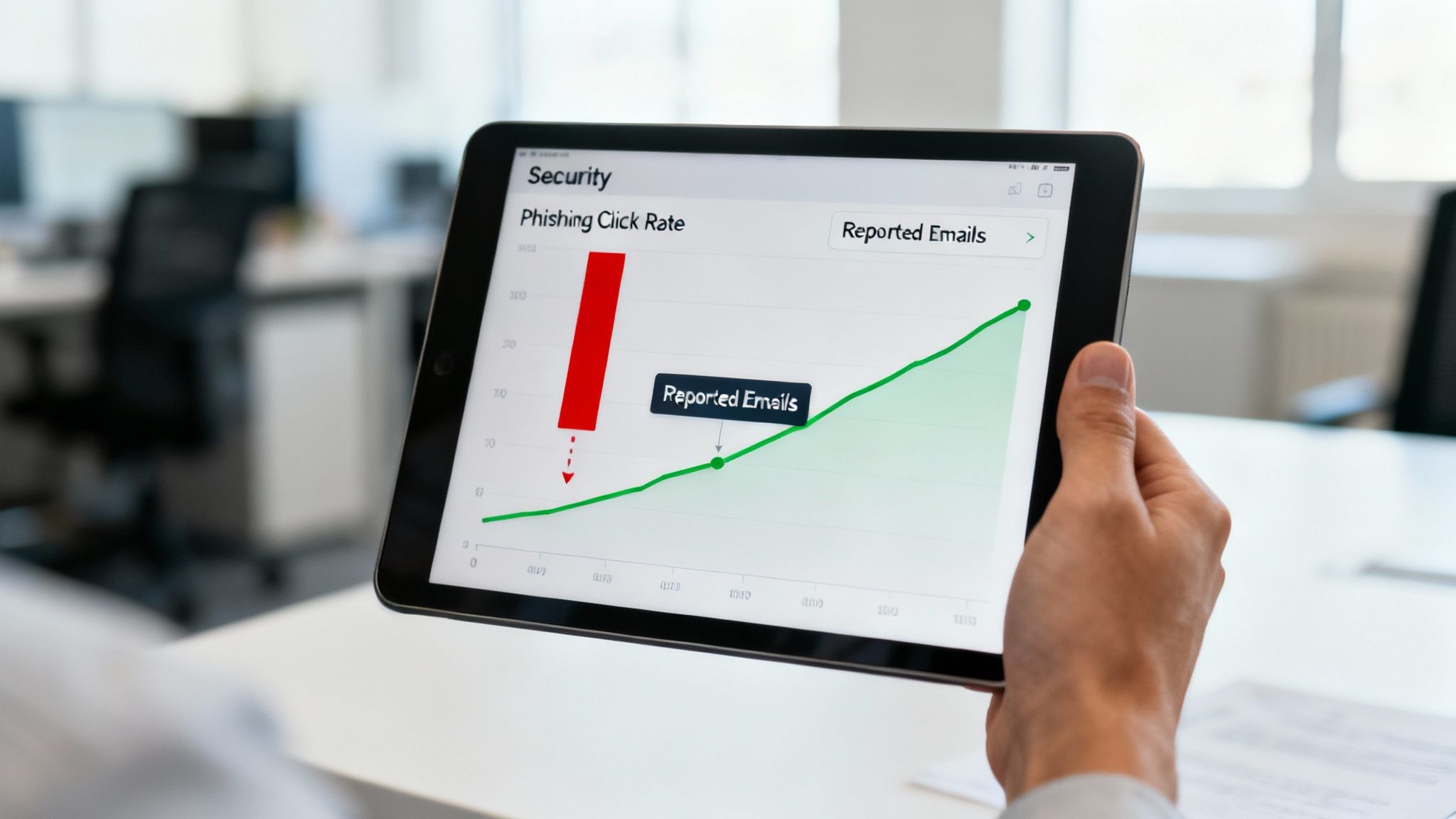A hand holds a tablet displaying a cybersecurity dashboard with phishing click rate and reported emails graphs.
