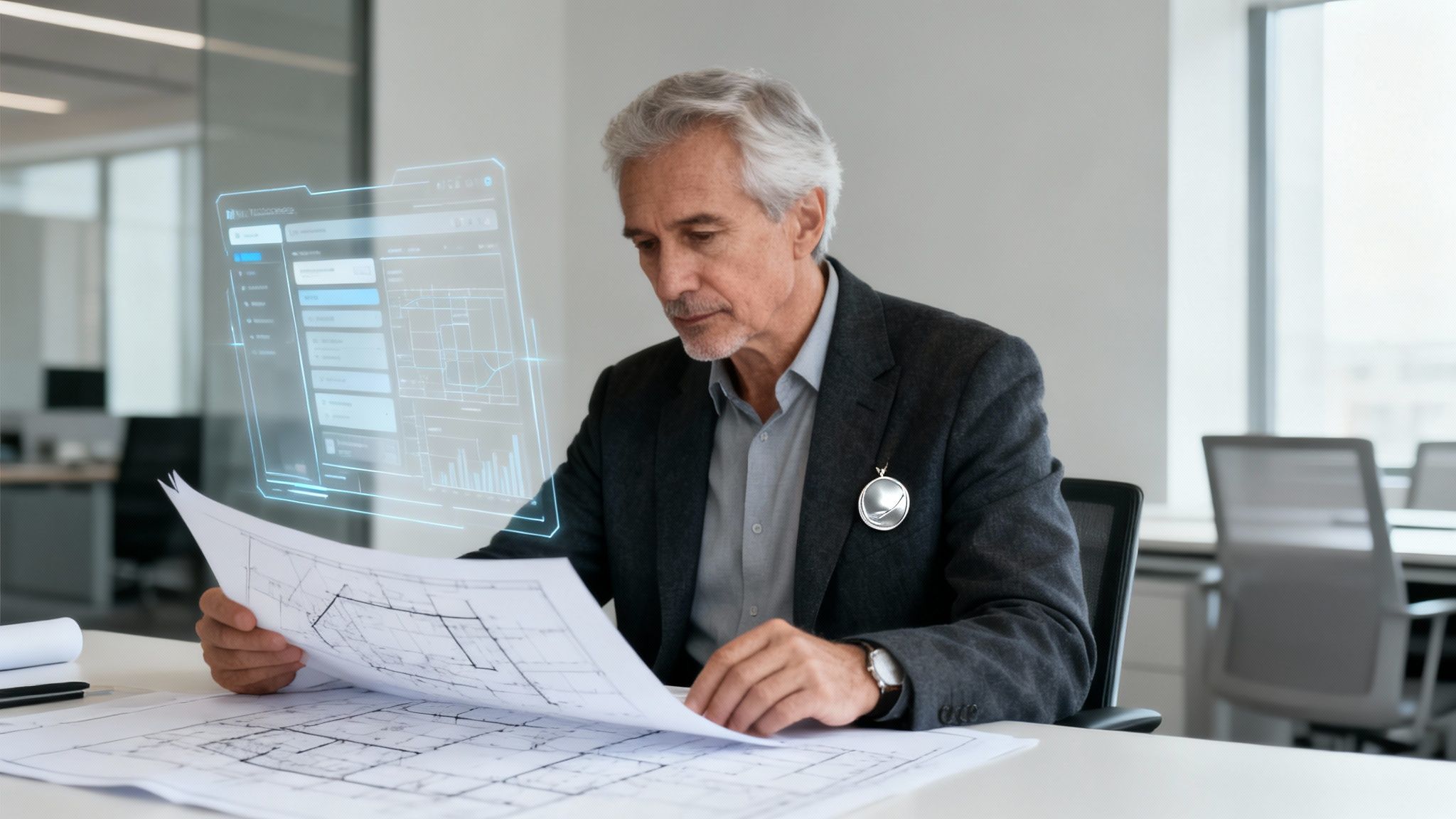 Senior male architect studying building plans with a futuristic holographic data display in a modern office.