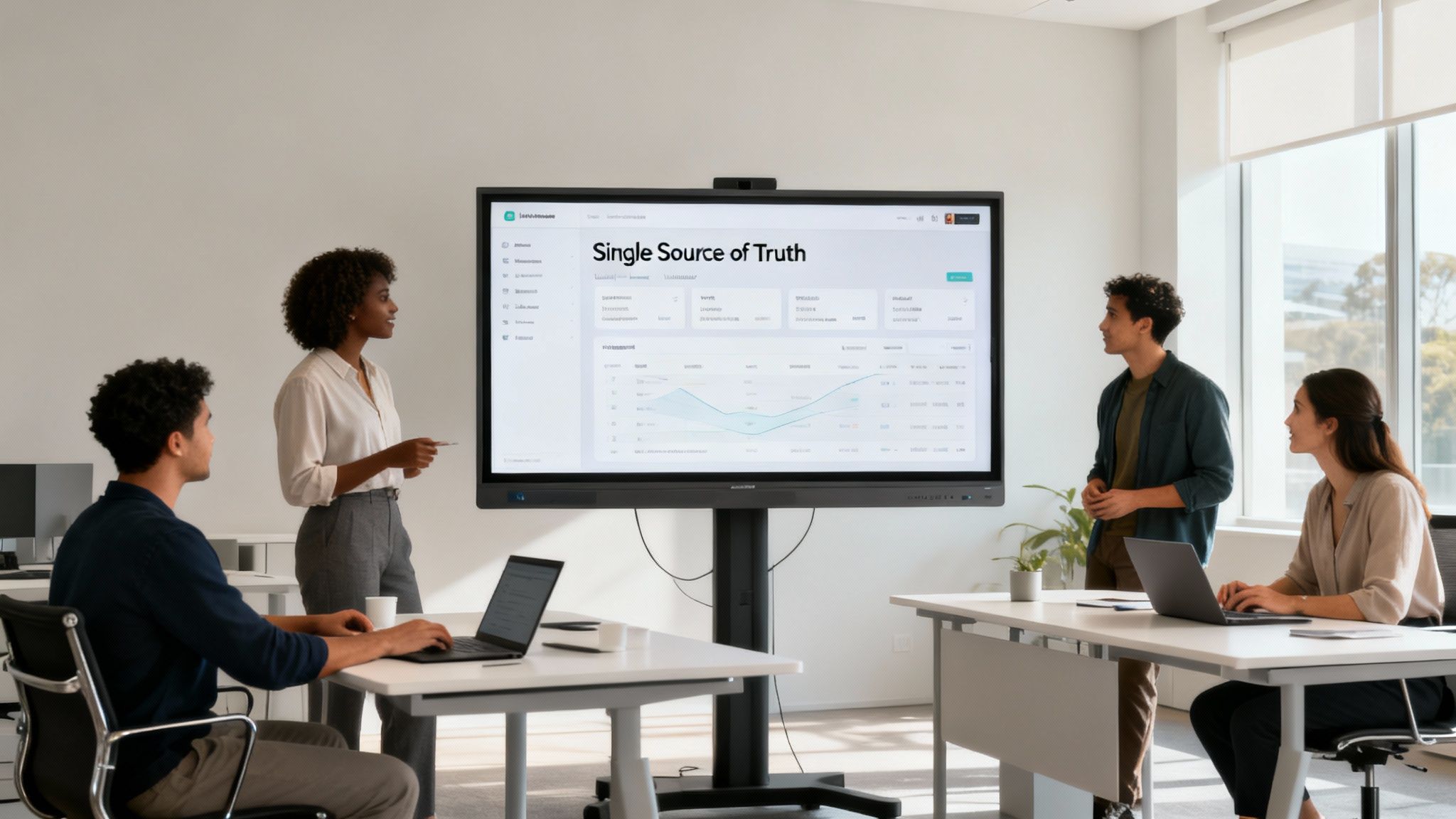 Four professionals collaborate in a modern office, gathered around a large interactive screen displaying data.
