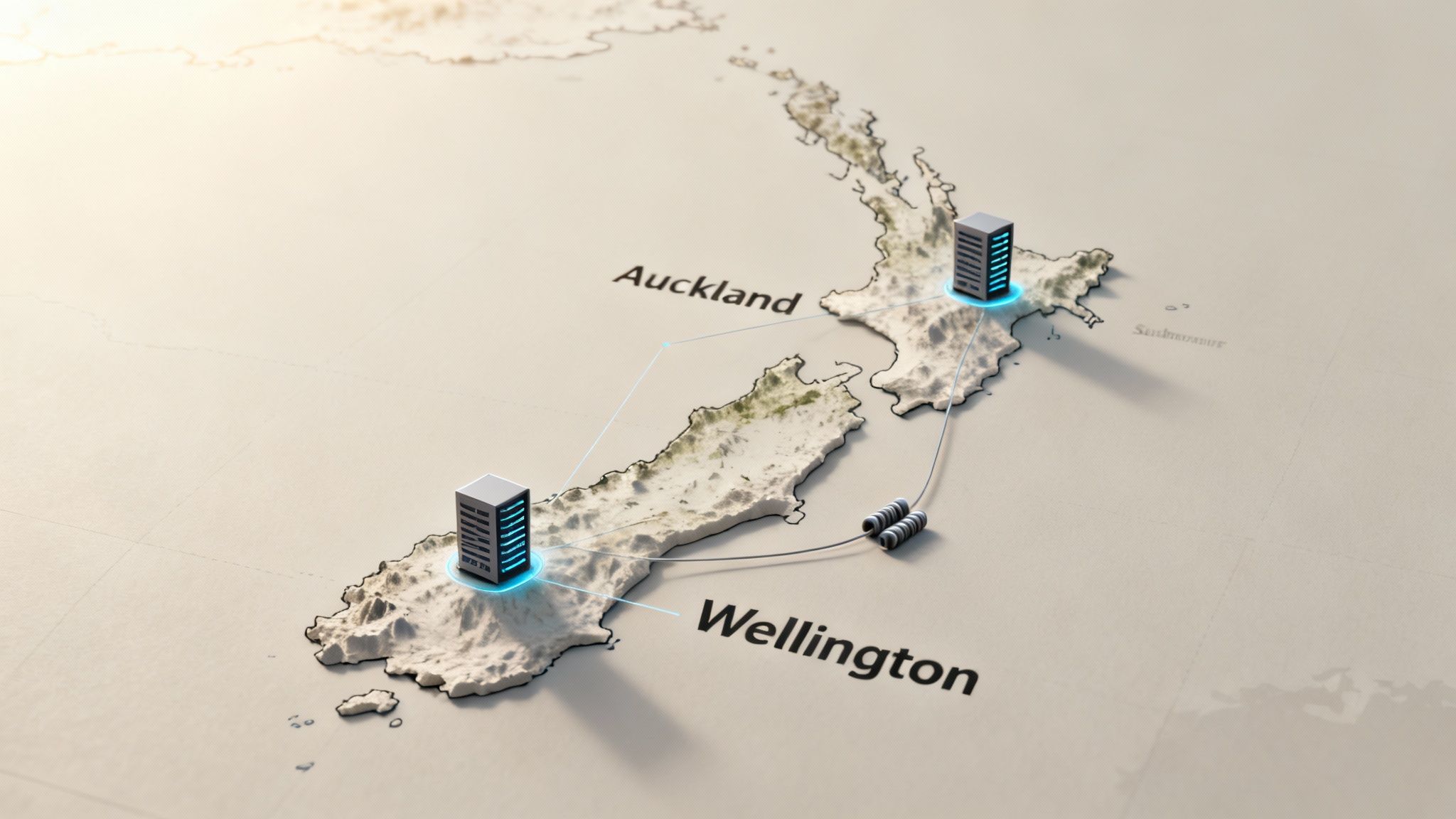 Map of New Zealand illustrating data centers in Auckland and Wellington linked by network infrastructure.