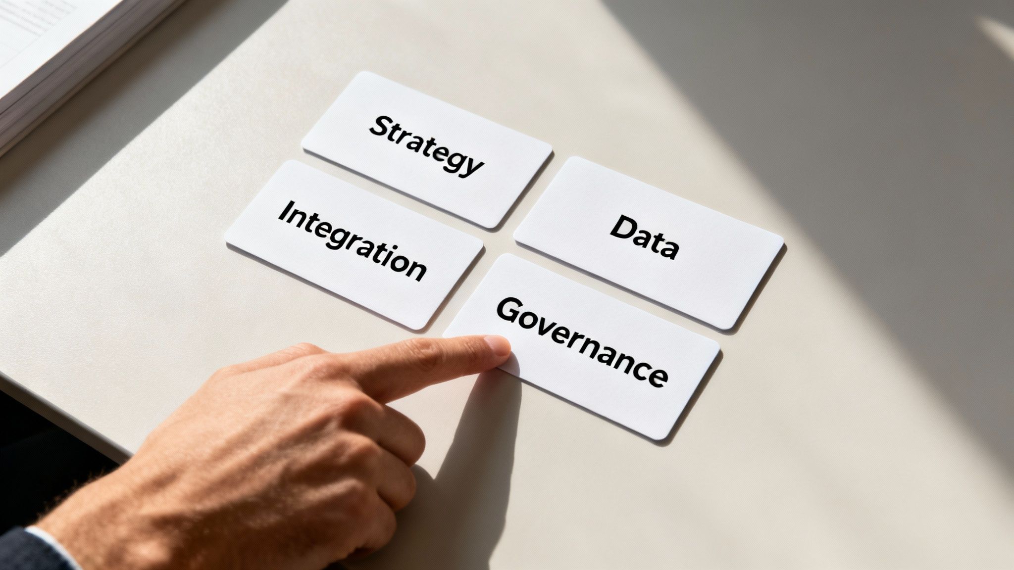 A hand points to a white card labeled 'Governance' among 'Strategy,' 'Integration,' and 'Data' cards on a light desk.