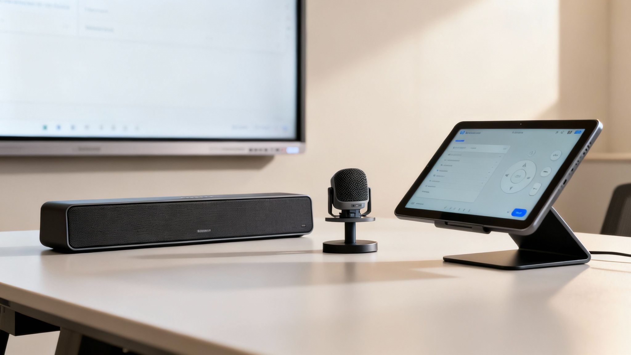 A modern conference room setup featuring a soundbar, desktop microphone, and a tablet on a stand for audio-visual control.