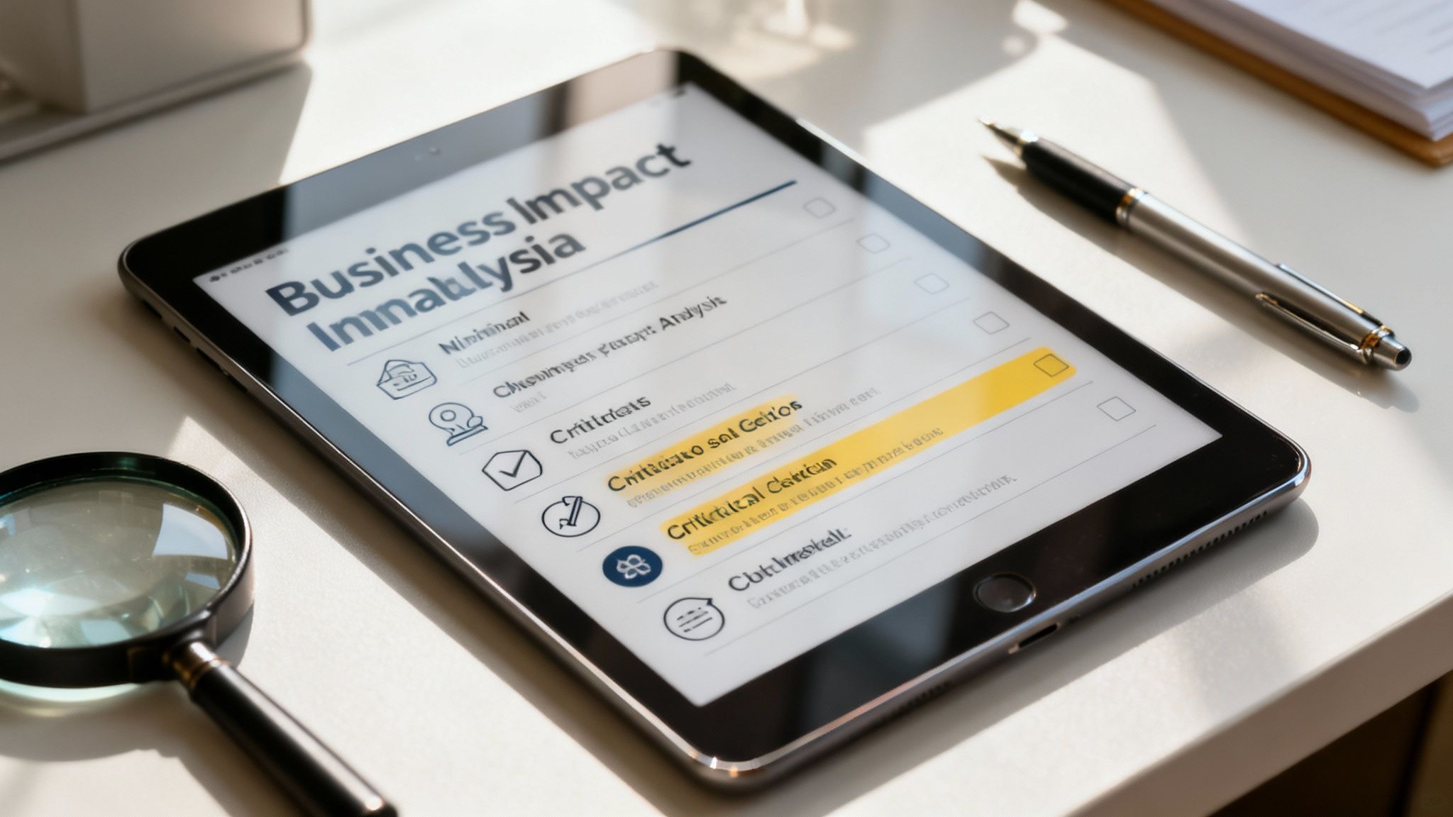 A tablet displays a Business Impact Analysis document on a desk, next to a magnifying glass and pen.