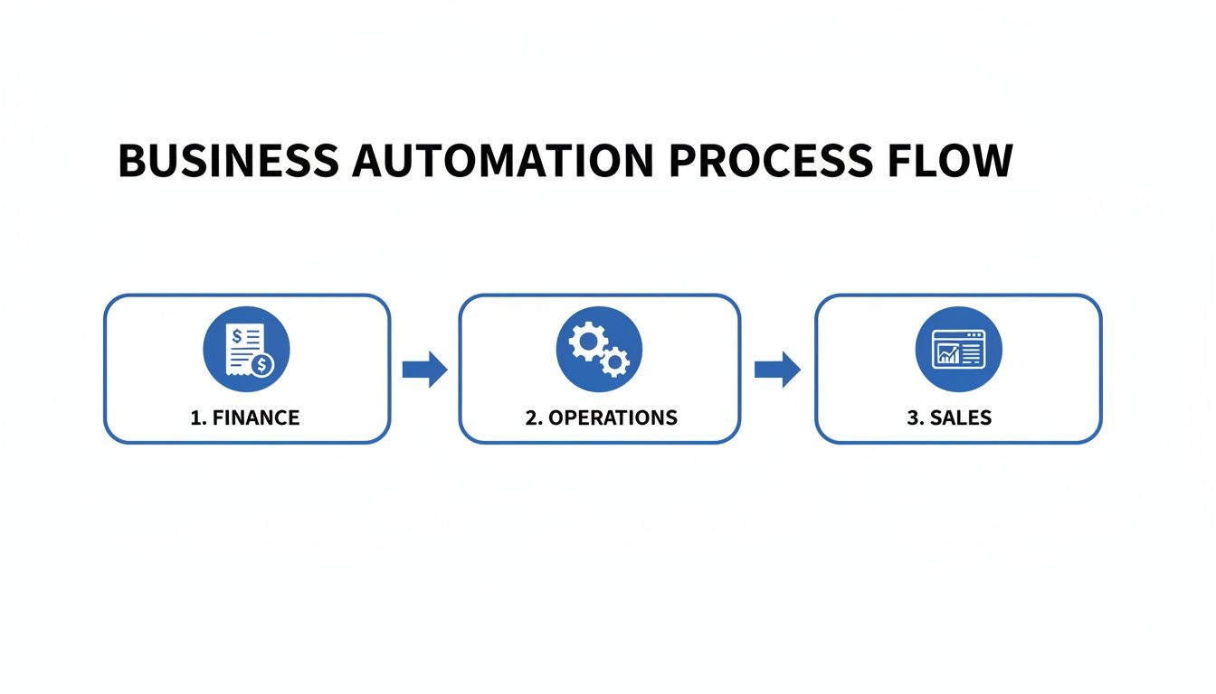 A business automation process flow diagram shows stages: 1. Finance, 2. Operations, 3. Sales.