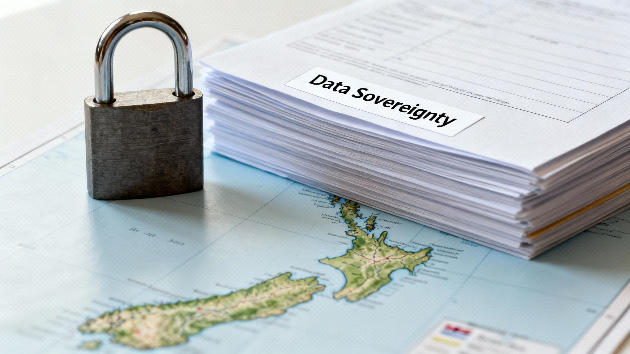 A padlock rests on a map of New Zealand next to a stack of documents labeled 'Data Sovereignty'.