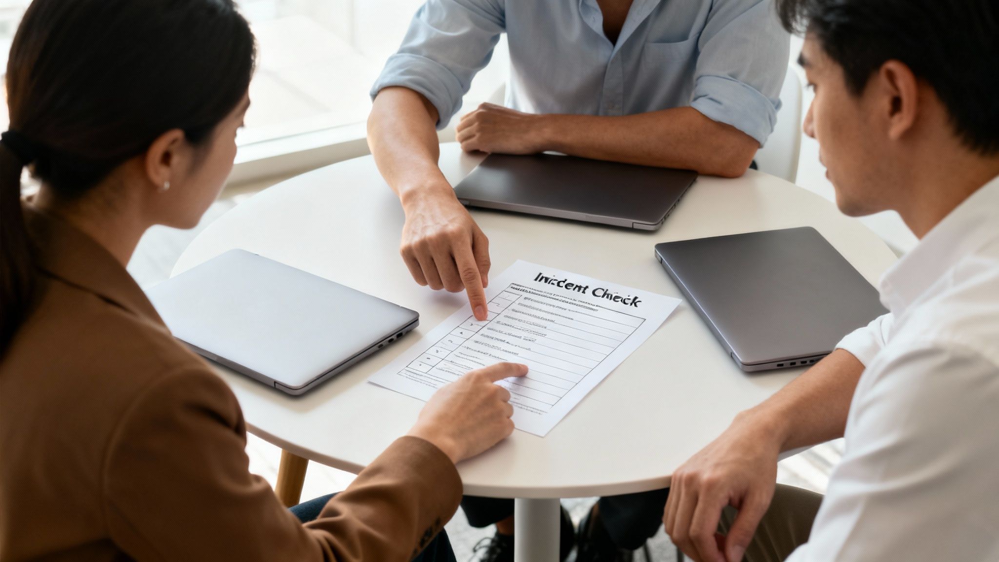 Colleagues review an 'Incident Check' document with laptops during a business planning meeting.