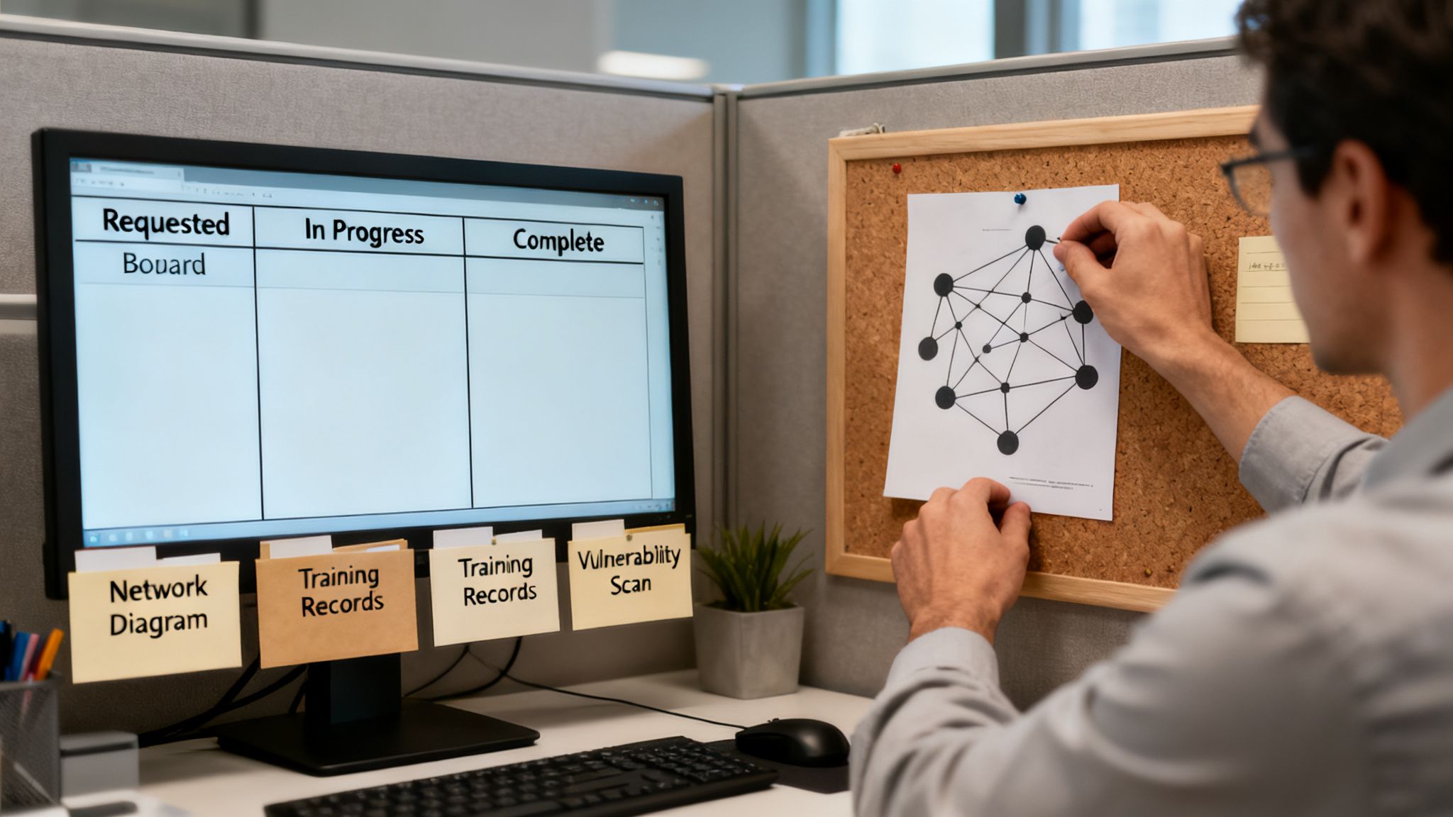 A person in an office cubicle views a digital task board and pins a network diagram to a corkboard.