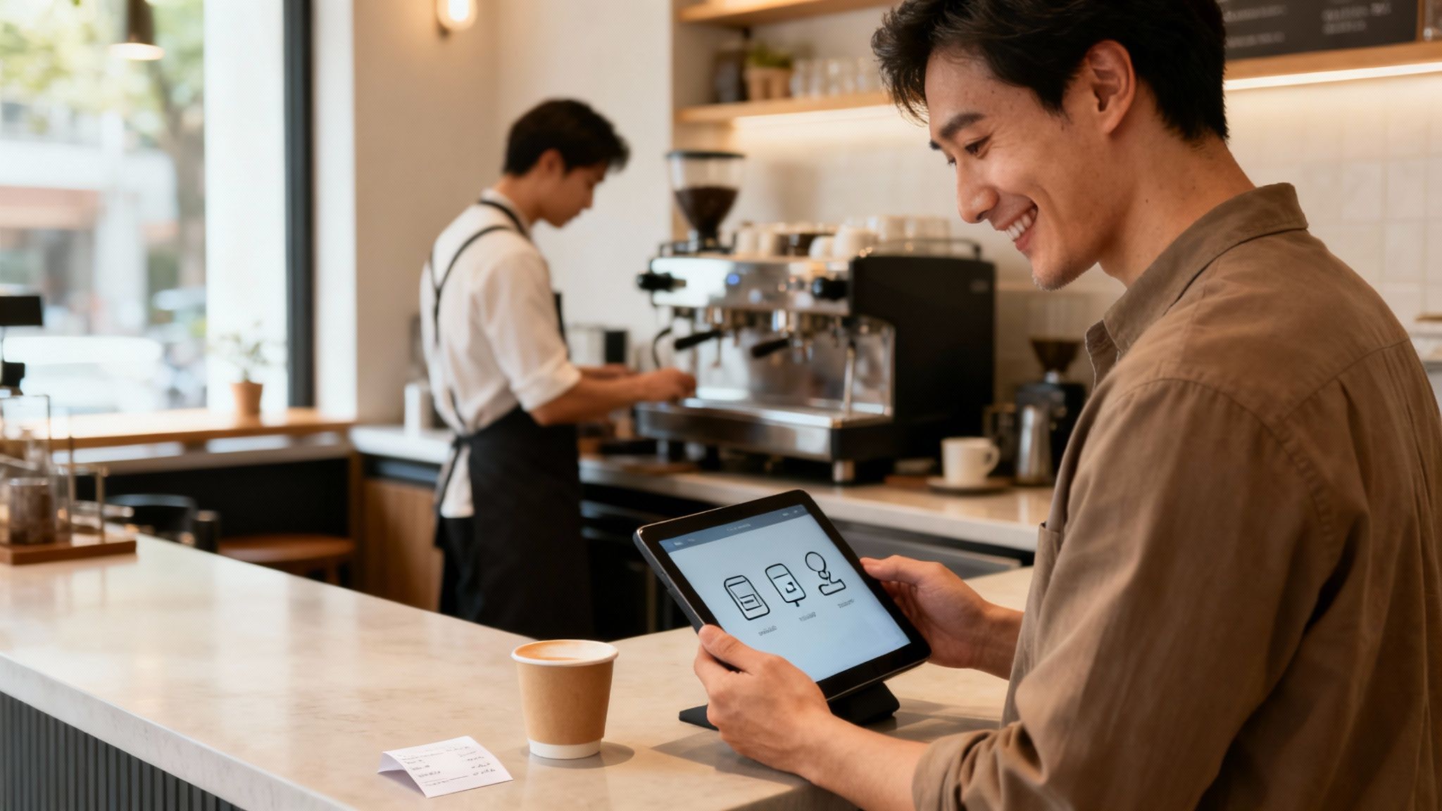 A man happily uses a tablet in a modern coffee shop while a barista works in the background.