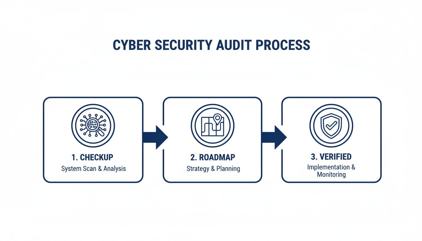 A diagram illustrating the three-step cyber security audit process: checkup, roadmap, and verified.