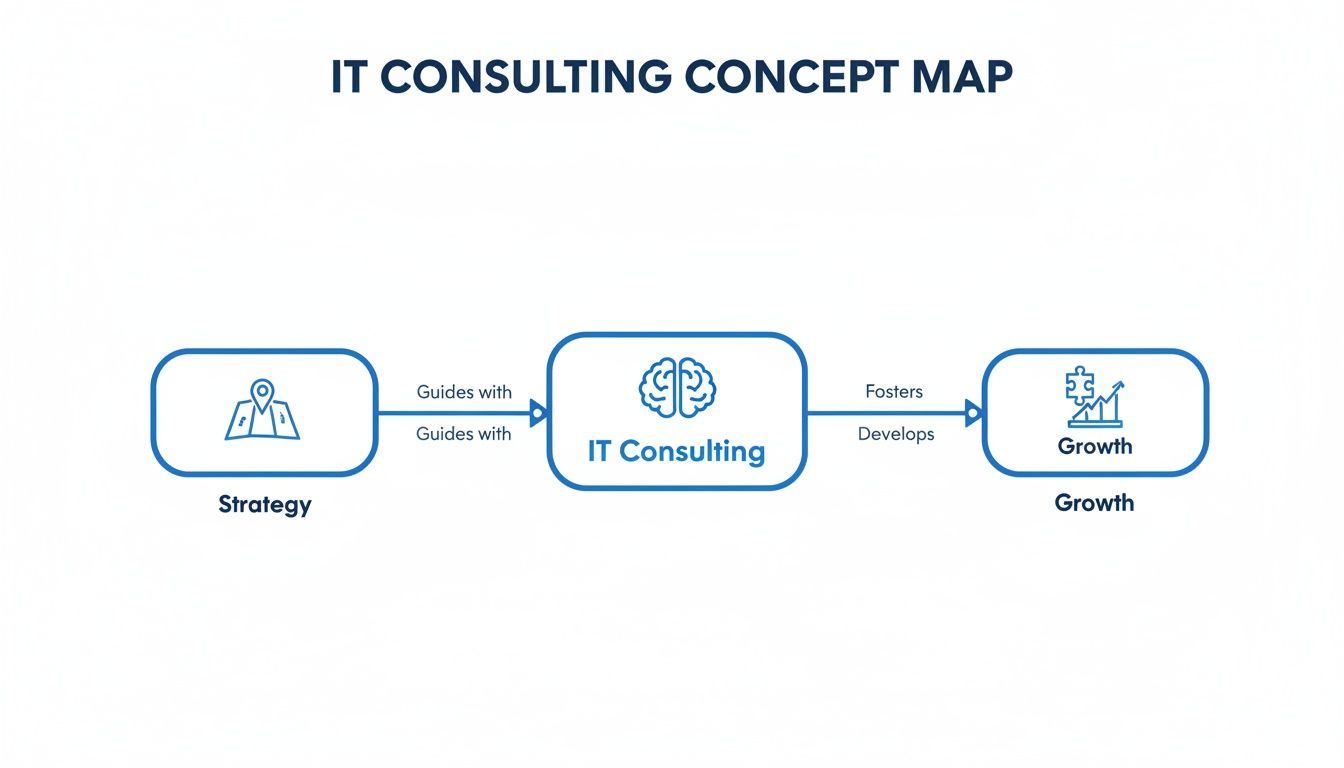 A concept map illustrating how IT consulting guides business strategy to foster and develop growth.