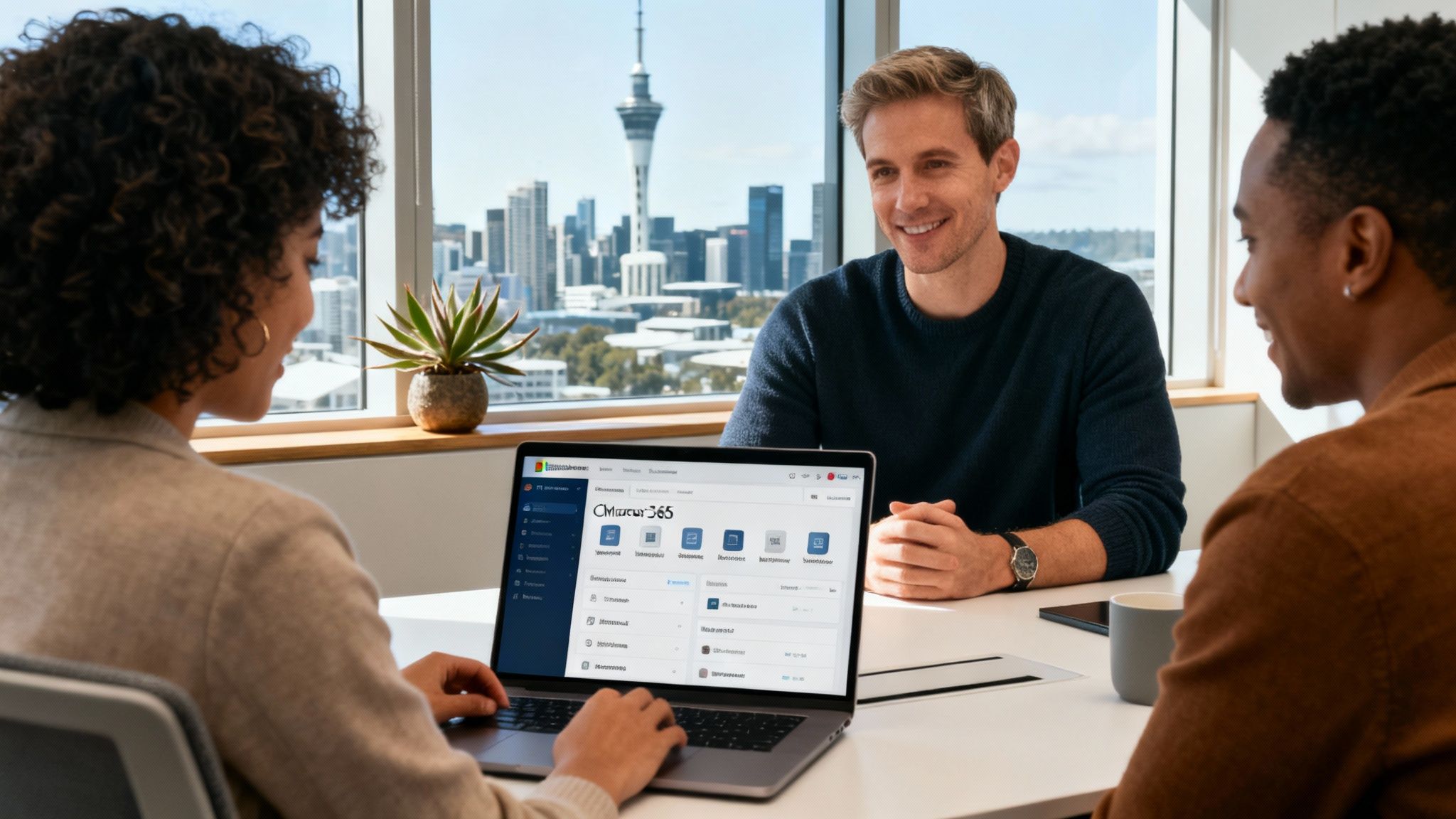 Three diverse professionals collaborating in a modern office, using a laptop with a city skyline view.