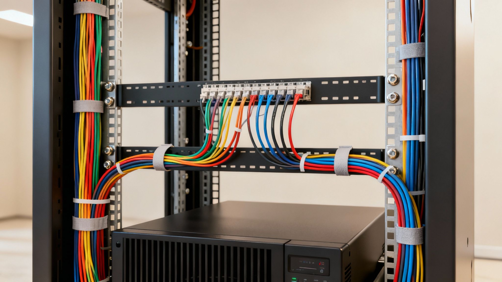 Colorful network cables expertly routed and managed within a black server rack system.