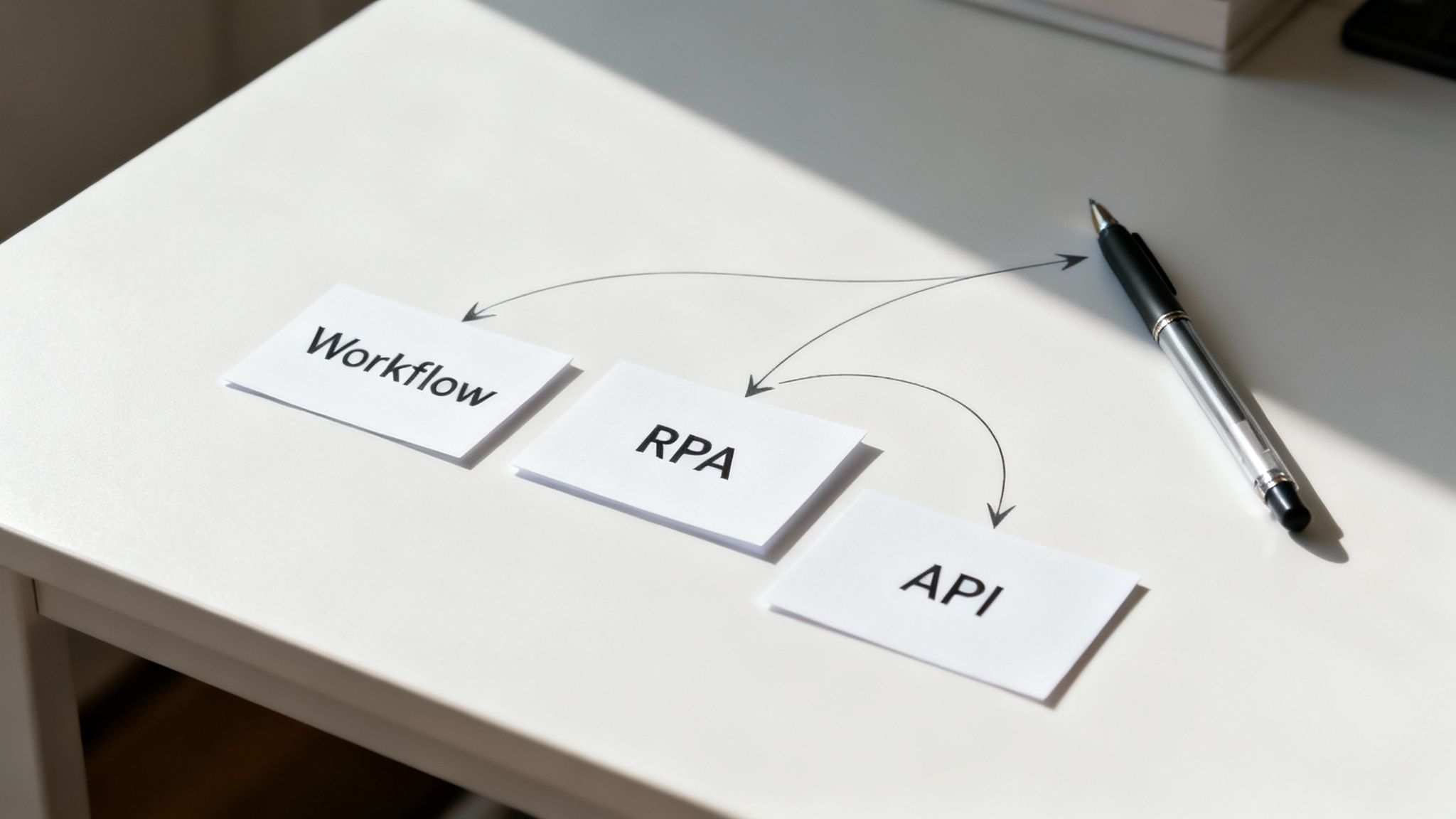 Workflow, RPA, and API cards connected by arrows on a white desk, illustrating process automation.